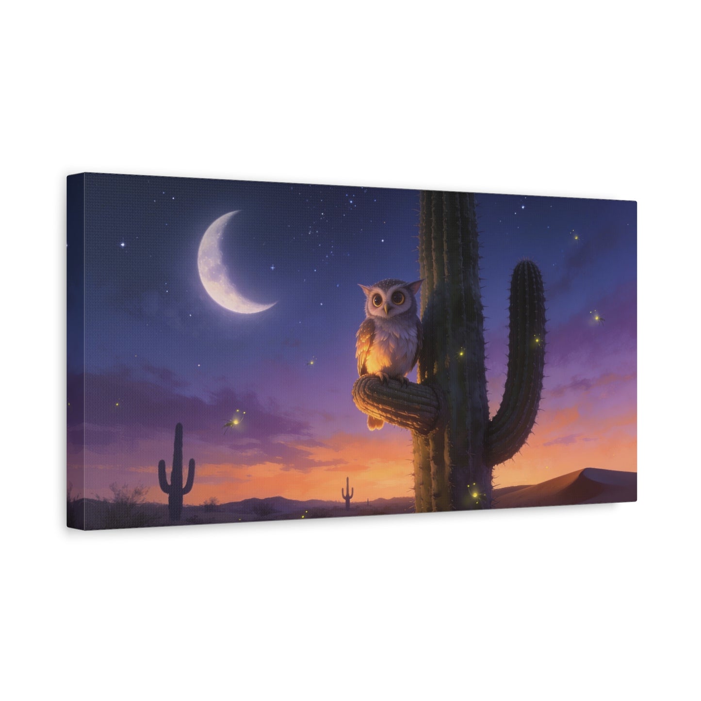 Owl On Saguaro Cactus Canvas Wall Art - Moonlit Desert Night Sky, Fireflies, Twilight Landscape - Matte Cotton Print - Contemporary Wildlife Style - Bedroom Living Room Decor - Living Room Wall Decor