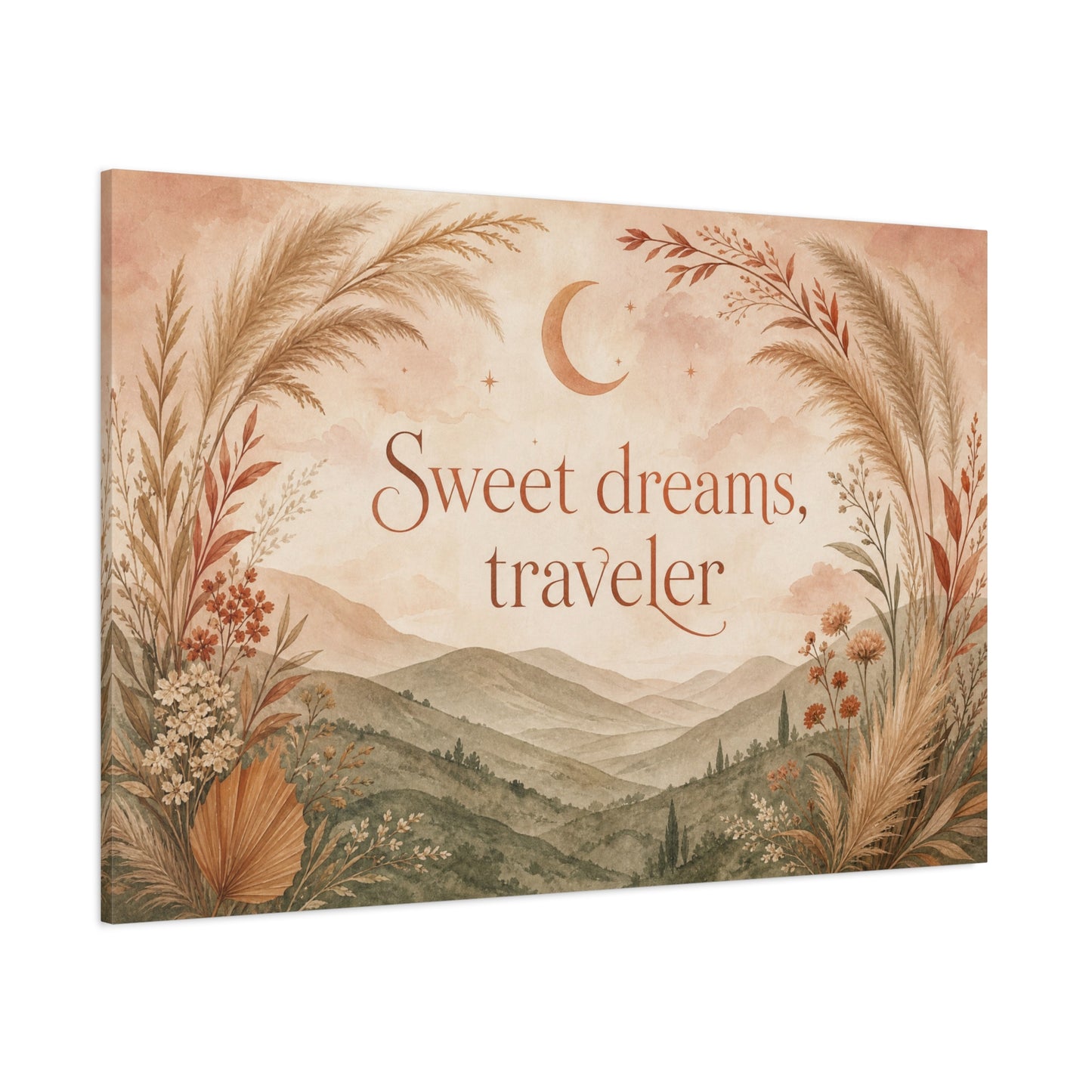"Sweet Dreams, Traveler" Canvas Wall Art - Boho Moon Mountain Landscape Print - Neutral Botanical Bedroom Decor - Rustic Contemporary Wall Hanging - Ready to Hang - Bedroom Home Decoration