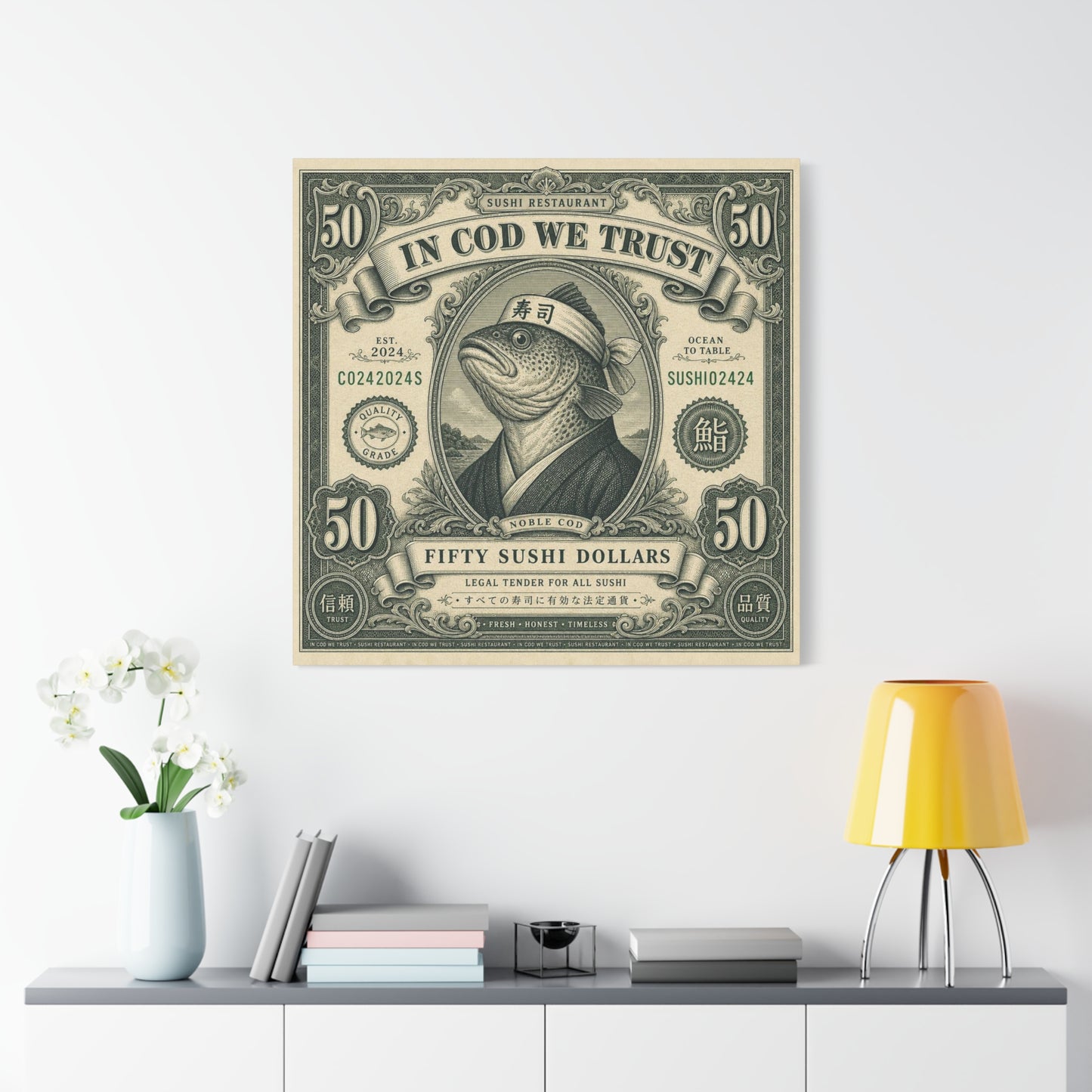 "In Cod We Trust" Sushi Restaurant Canvas Wall Art - Vintage Money Bill Fish Illustration, Typography Poster Style, Cotton Canvas Print, Cafe Decor, Dining Room Accent, Office Art - Ready to Hang