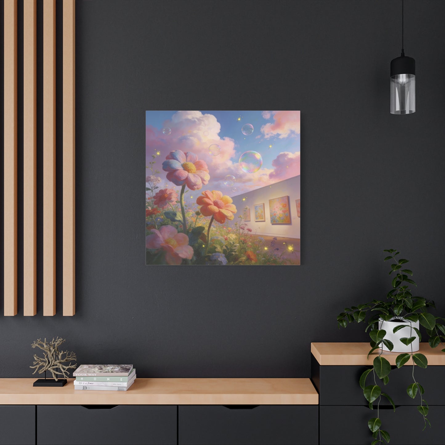 Dreamy Floral Canvas Wall Art - Pastel Wildflower Sky With Iridescent Bubbles, Firefly Glow - Whimsical Matte Canvas Print - Contemporary Bedroom Wall Decor, Living Room Accent - Cozy Reading Nook Art