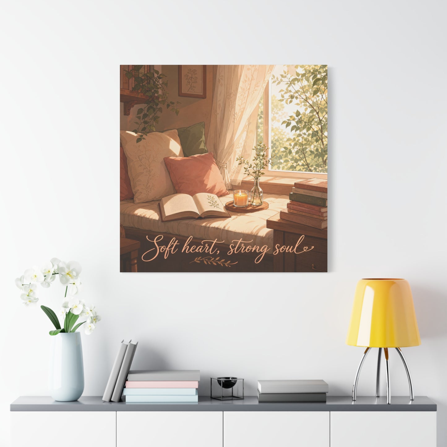 "Soft Heart, Strong Soul" Reading Nook Canvas Wall Art - Sunlit Window Seat, Books, Candle, Botanical Bedroom Decor - Cozy Cottagecore Style - Living Room Wall Decor - Bedroom Home Decoration
