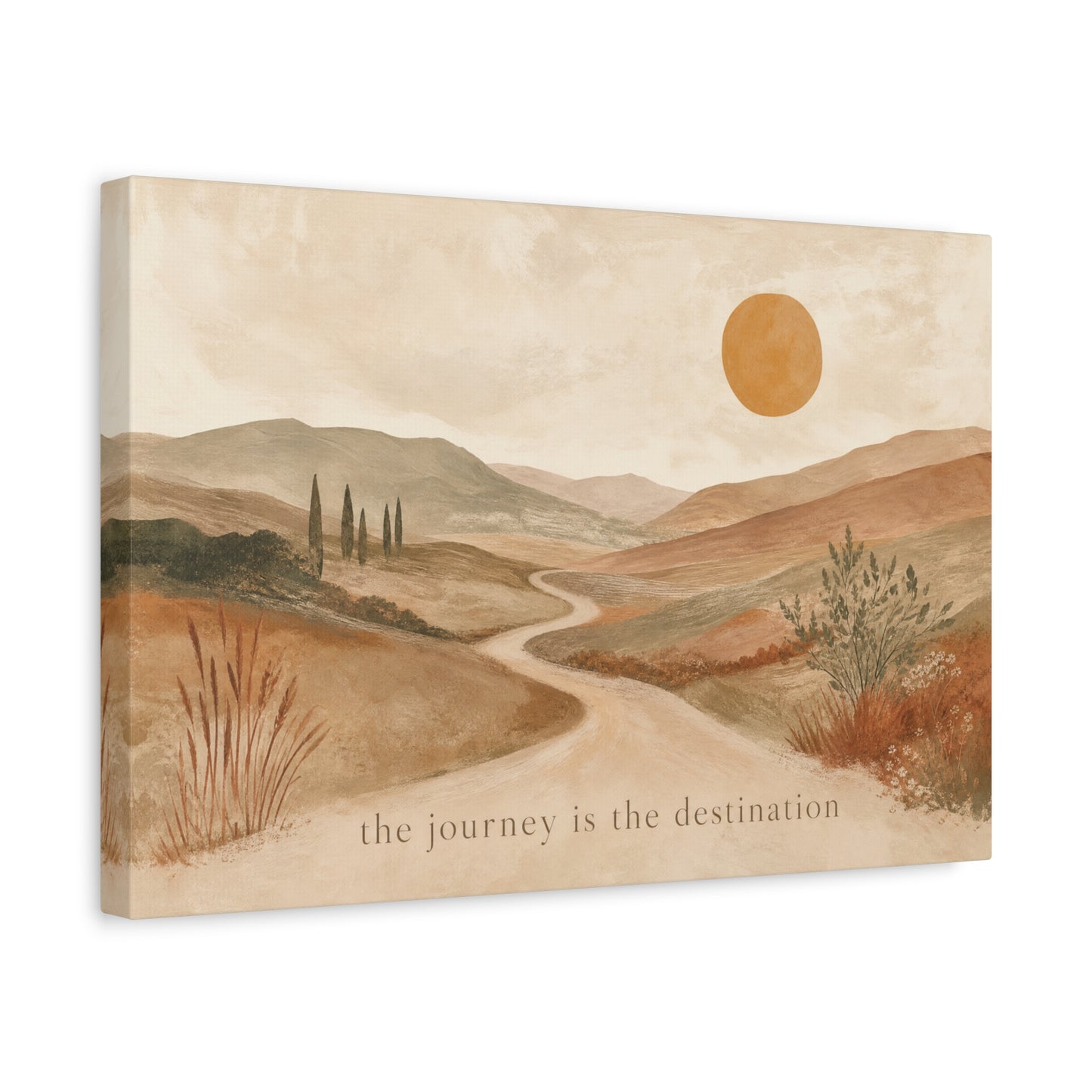 "The Journey Is The Destination" Landscape Canvas Wall Art - Desert Hills, Winding Path, Terracotta Sun - Minimalist Typography Print - Bedroom Wall Decor, Living Room Home Decoration - Ready to Hang