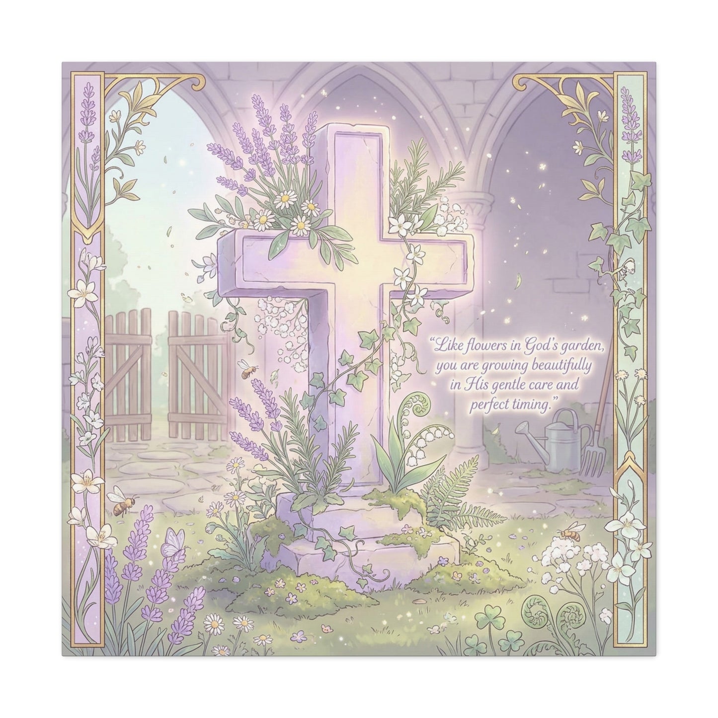 "Like Flowers In God's Garden, You Are Growing Beautifully" Christian Canvas Wall Art - Floral Cross Scripture Decor - Lavender Garden Illustration - Bedroom Home Decoration, Living Room Accent
