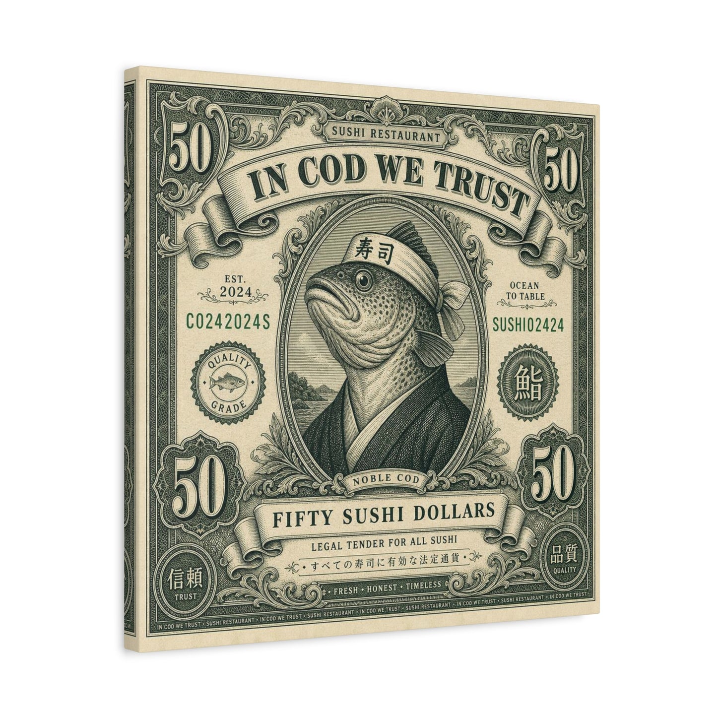 "In Cod We Trust" Sushi Restaurant Canvas Wall Art - Vintage Money Bill Fish Illustration, Typography Poster Style, Cotton Canvas Print, Cafe Decor, Dining Room Accent, Office Art - Ready to Hang