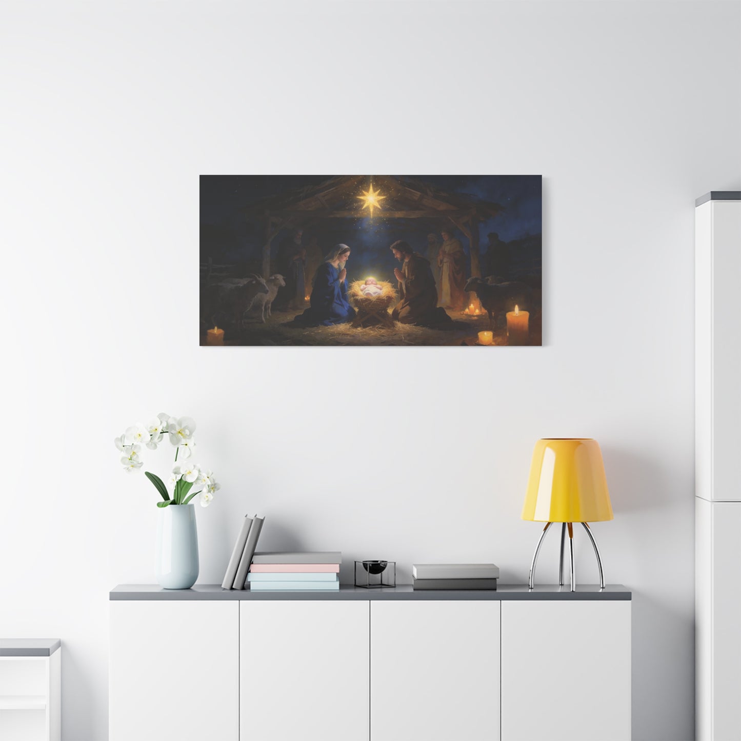 Nativity Scene Canvas Wall Art - Virgin Mary, Joseph, Baby Jesus In Manger - Starry Stable Religious Print - Traditional Christian Decor - Living Room Wall Decor Bedroom Home Decoration
