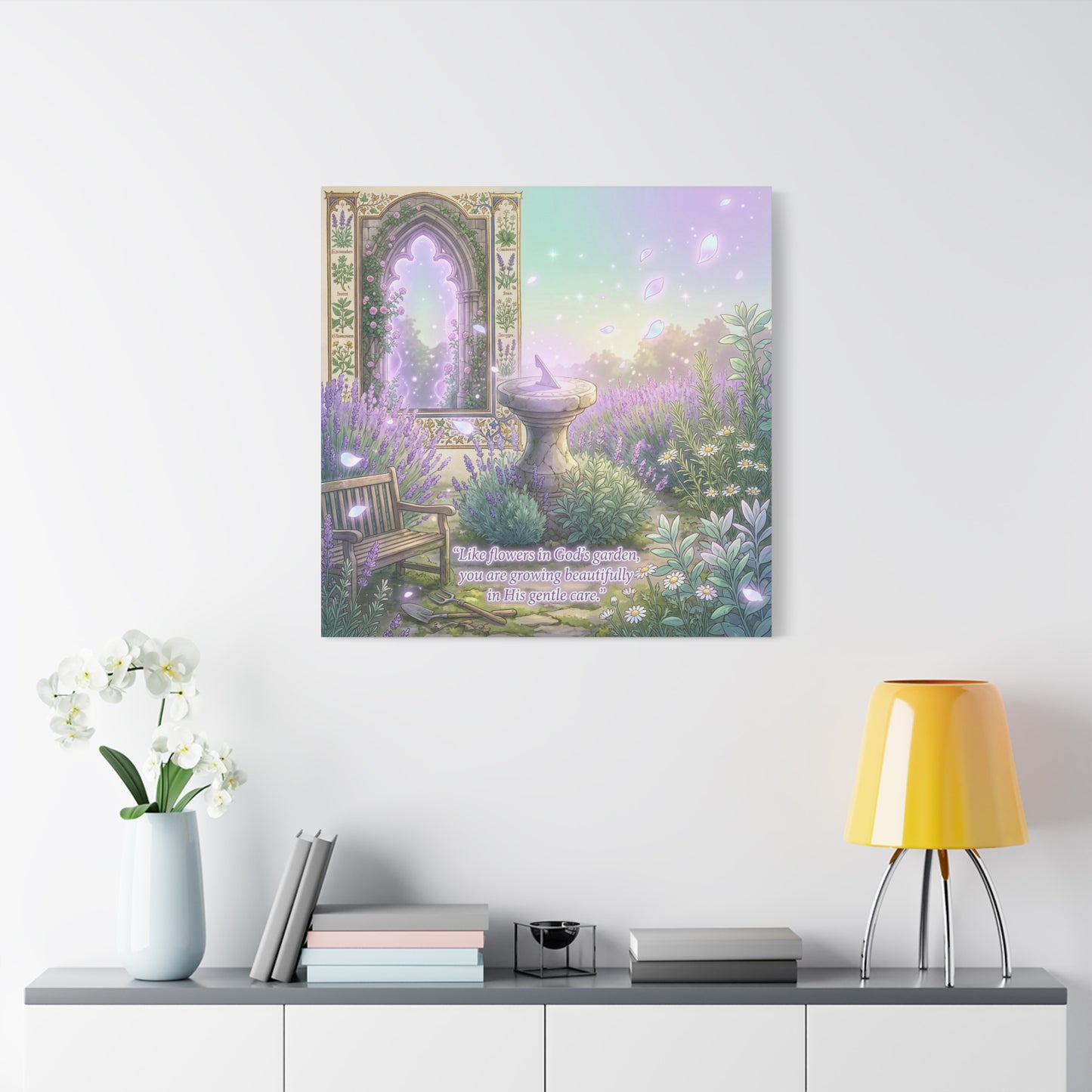 "Like Flowers In God's Garden, You Are Growing Beautifully In His Gentle Care" Canvas Wall Art - Lavender Garden Arch, Sundial Bench - Pastel Botanical Decor For Bedroom Living Room - Office Wall Art