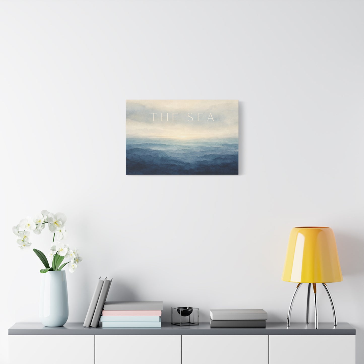 "The Sea" Coastal Canvas Wall Art - Blue Ocean Horizon Watercolor Typography Print - Serene Minimalist Seascape Decor - Bedroom Wall Hanging, Living Room Home Decoration, Meditation Space