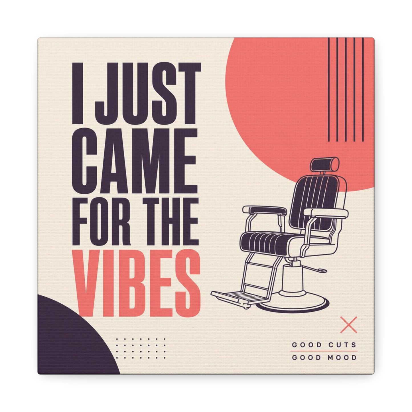 "I Just Came For The Vibes" Typography Canvas Wall Art - Barber Chair Line Illustration, Coral And Black Modern Salon Wall Decor - Minimalist Quote Print For Barbershop Lobby Workspace - Ready to Hang