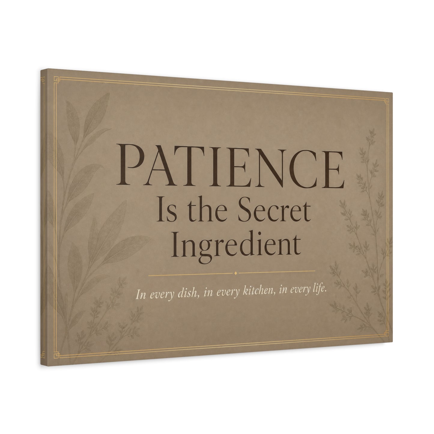 "Patience Is The Secret Ingredient" Kitchen Canvas Wall Art - Neutral Typography Print, Farmhouse Style - Beige Botanical Quote Decor - Dining Room, Kitchen Wall Hanging - Bedroom Home Decoration