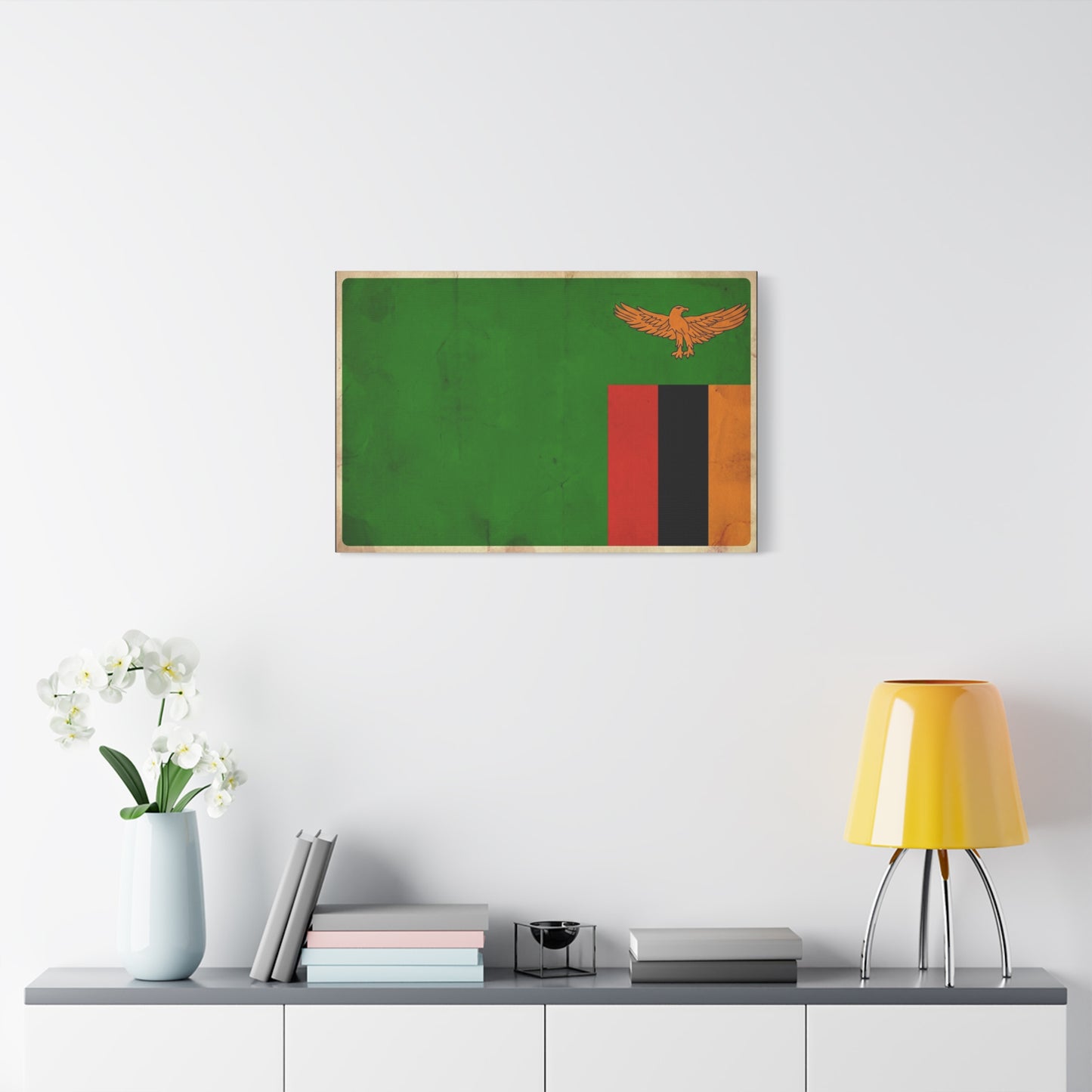 Zambia Flag Canvas Wall Art - Green Field, Orange Eagle, Red Black Gold Stripes - Vintage Patriotic Print - Living Room Wall Decor, Office Art - Bedroom Home Decoration - Bedroom Home Decoration