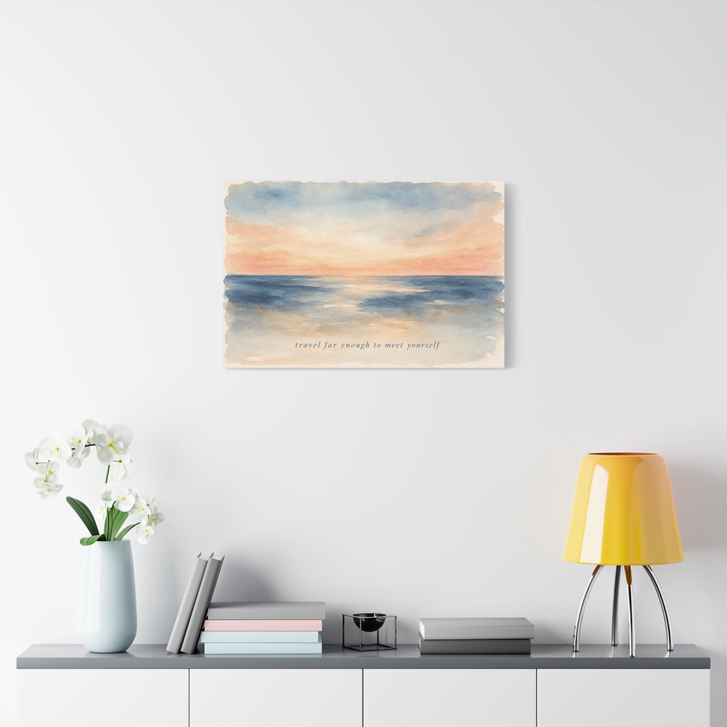 "Travel Far Enough To Meet Yourself" Coastal Canvas Wall Art - Watercolor Ocean Sunset Quote Print - Serene Beach Seascape Decor - Bedroom Living Room Wall Decor - Bedroom Home Decoration