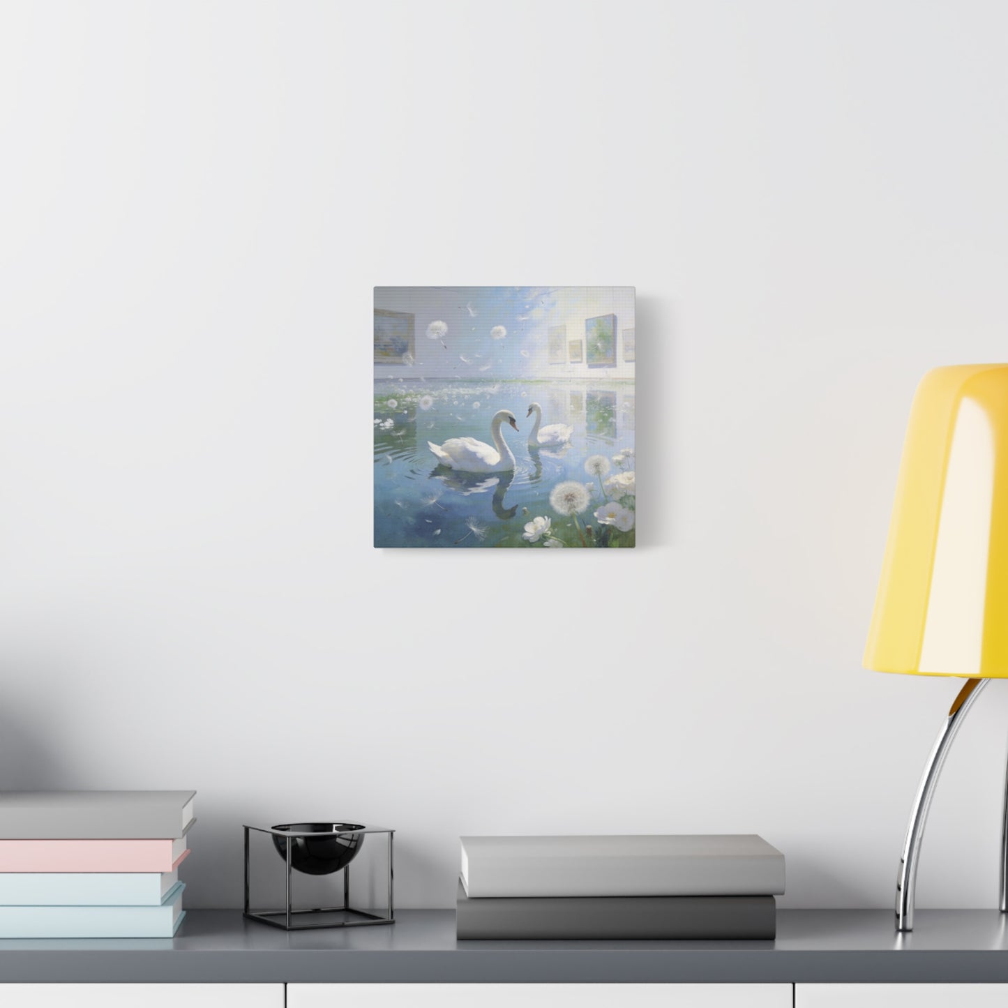 White Swan Canvas Wall Art - Serene Pond With Dandelion Seeds, Soft Blue Water Reflection - Dreamy Traditional Style - Living Room Wall Decor, Bedroom Home Decoration, Office Art - Ready to Hang