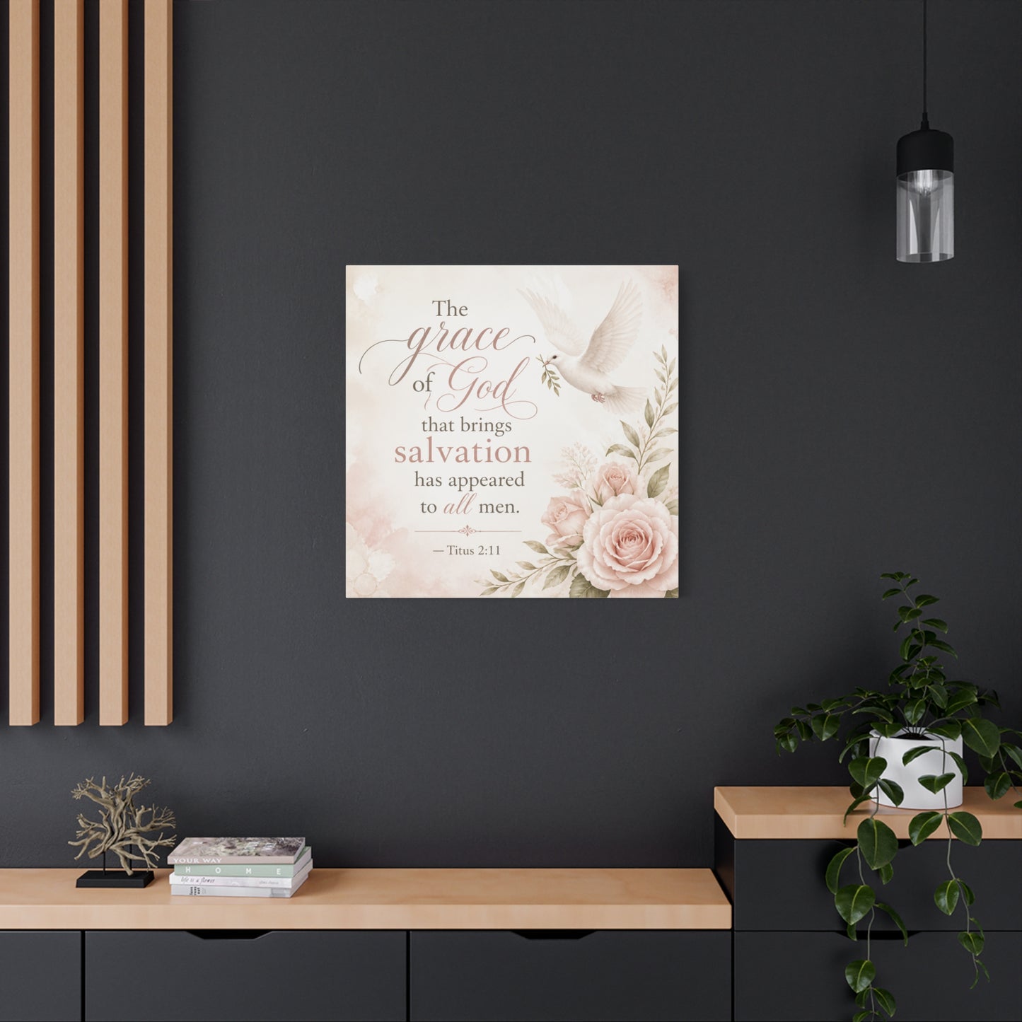"The Grace Of God That Brings Salvation Has Appeared To All Men" Canvas Wall Art - Dove, Roses, Titus 2:11 Scripture Print - Blush Floral Christian Decor - Bedroom Living Room Accent - Office Wall Art