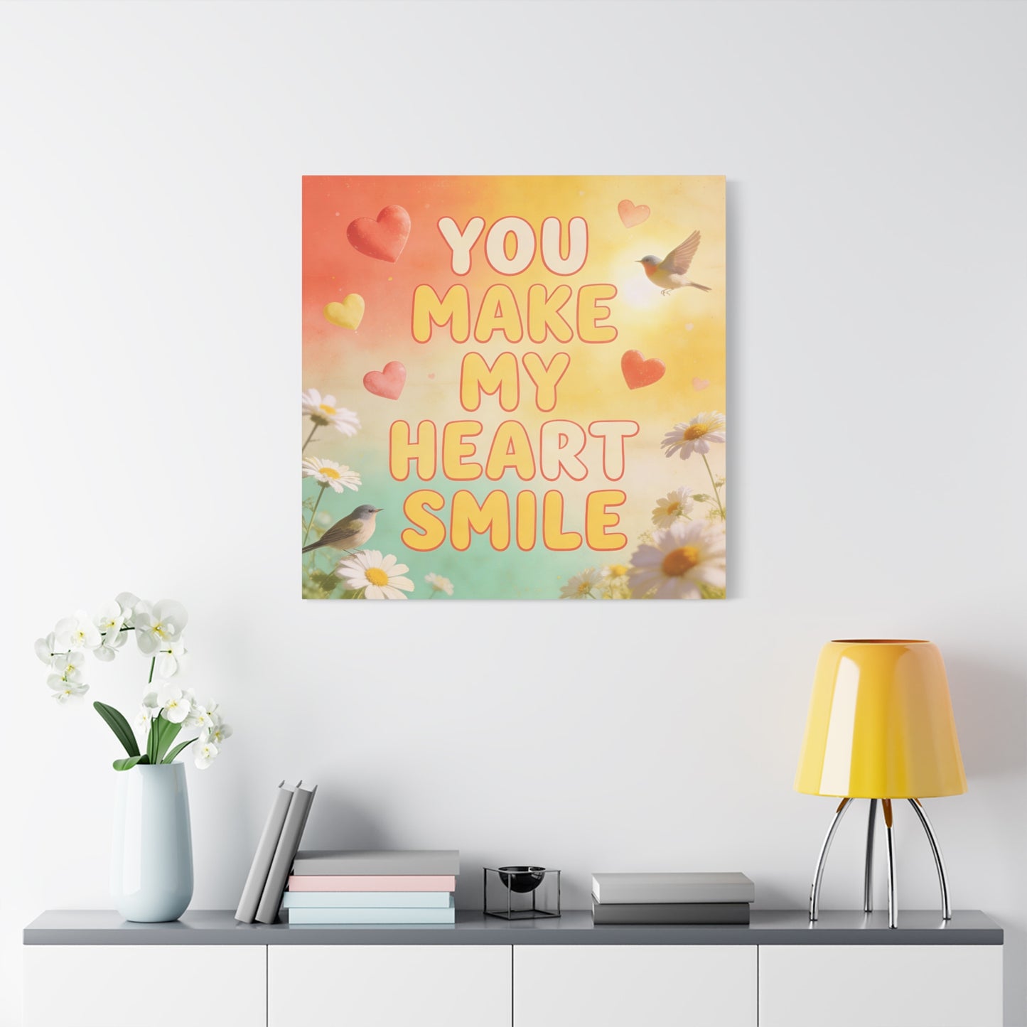 "You Make My Heart Smile" Inspirational Canvas Wall Art - Daisy And Songbird Quote Print, Pastel Typography Decor, Cheerful Bedroom Wall Hanging, Nursery Home Accent - Bedroom Home Decoration
