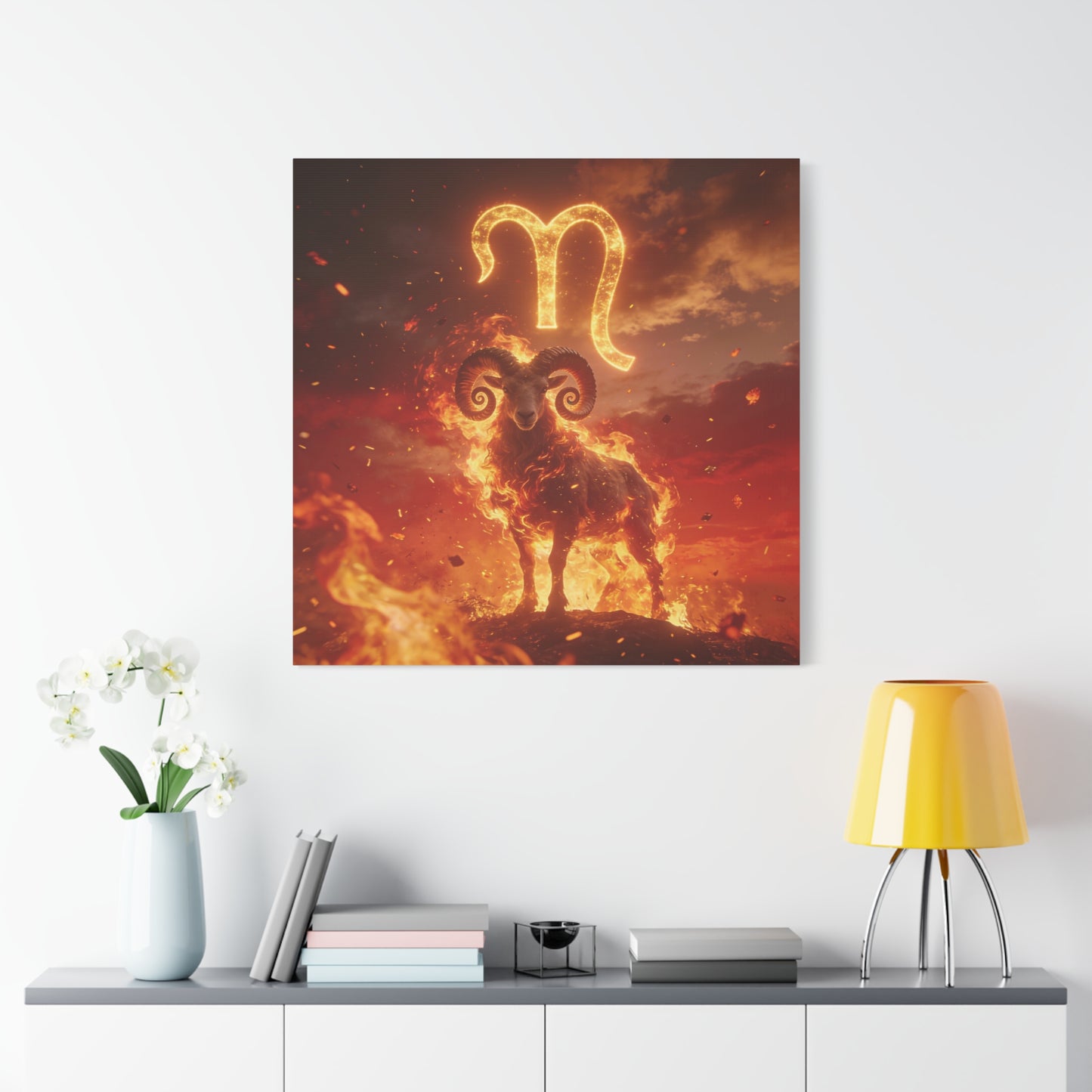 Aries Ram Canvas Wall Art - Fiery Zodiac Symbol Astrology Print, Glowing Horned Sheep Illustration - Matte Canvas Decor - Bedroom Home Decoration, Office Wall Art - Bedroom Home Decoration