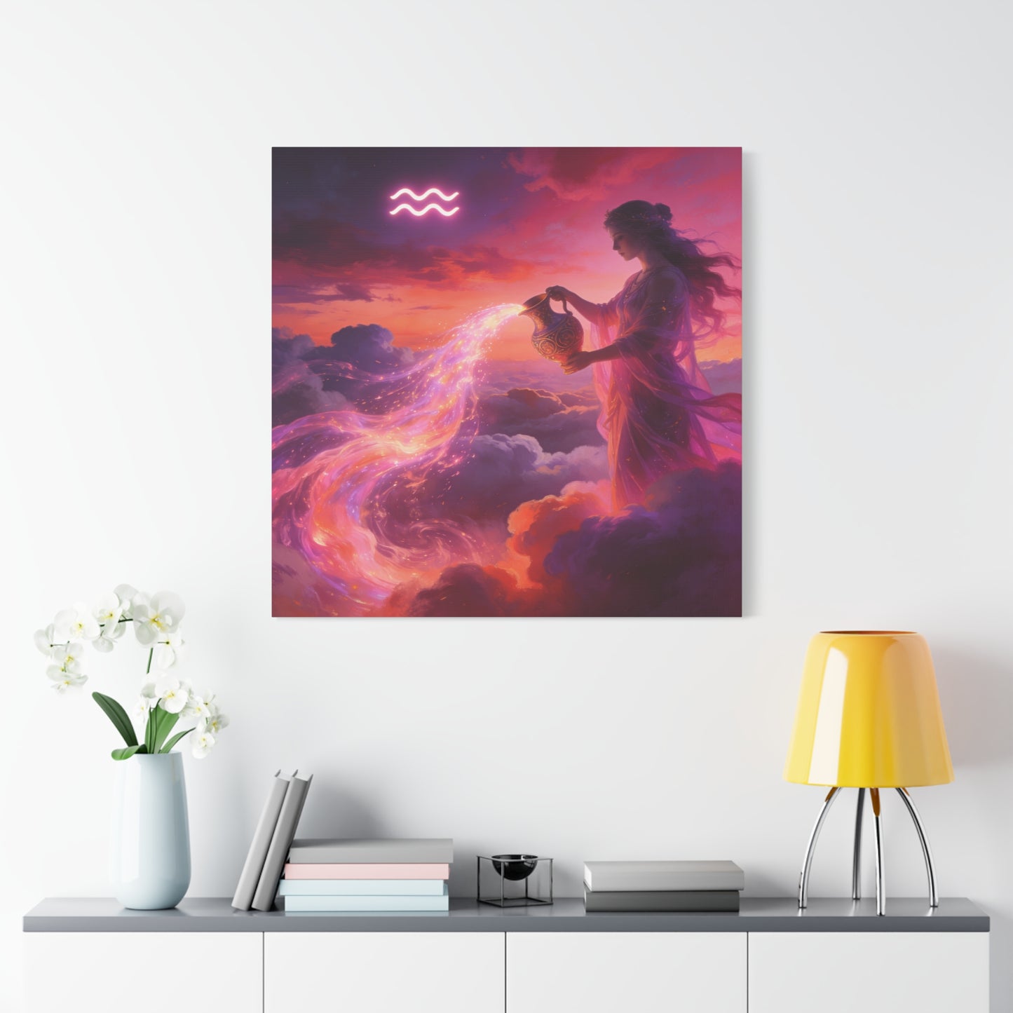 Aquarius Goddess Canvas Wall Art - Zodiac Woman Pouring Celestial Water, Fantasy Sky Illustration - Pink Purple Matte Canvas Print - Bedroom Wall Decor, Bohemian Home Accent - Bedroom Home Decoration