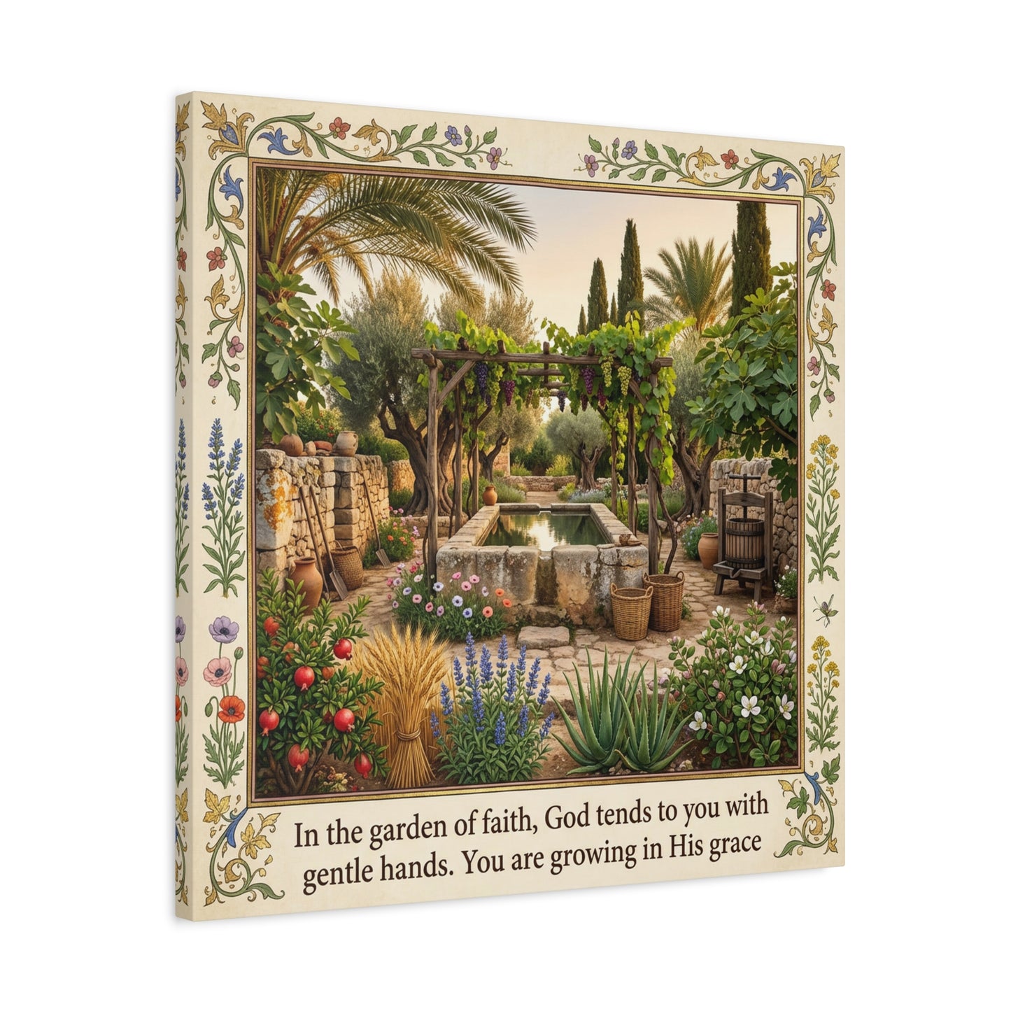 "In The Garden Of Faith, God Tends To You" Canvas Wall Art - Biblical Garden Scripture Print, Floral Border, Rustic Mediterranean Courtyard Scene - Christian Home Decor For Living Room - Ready to Hang