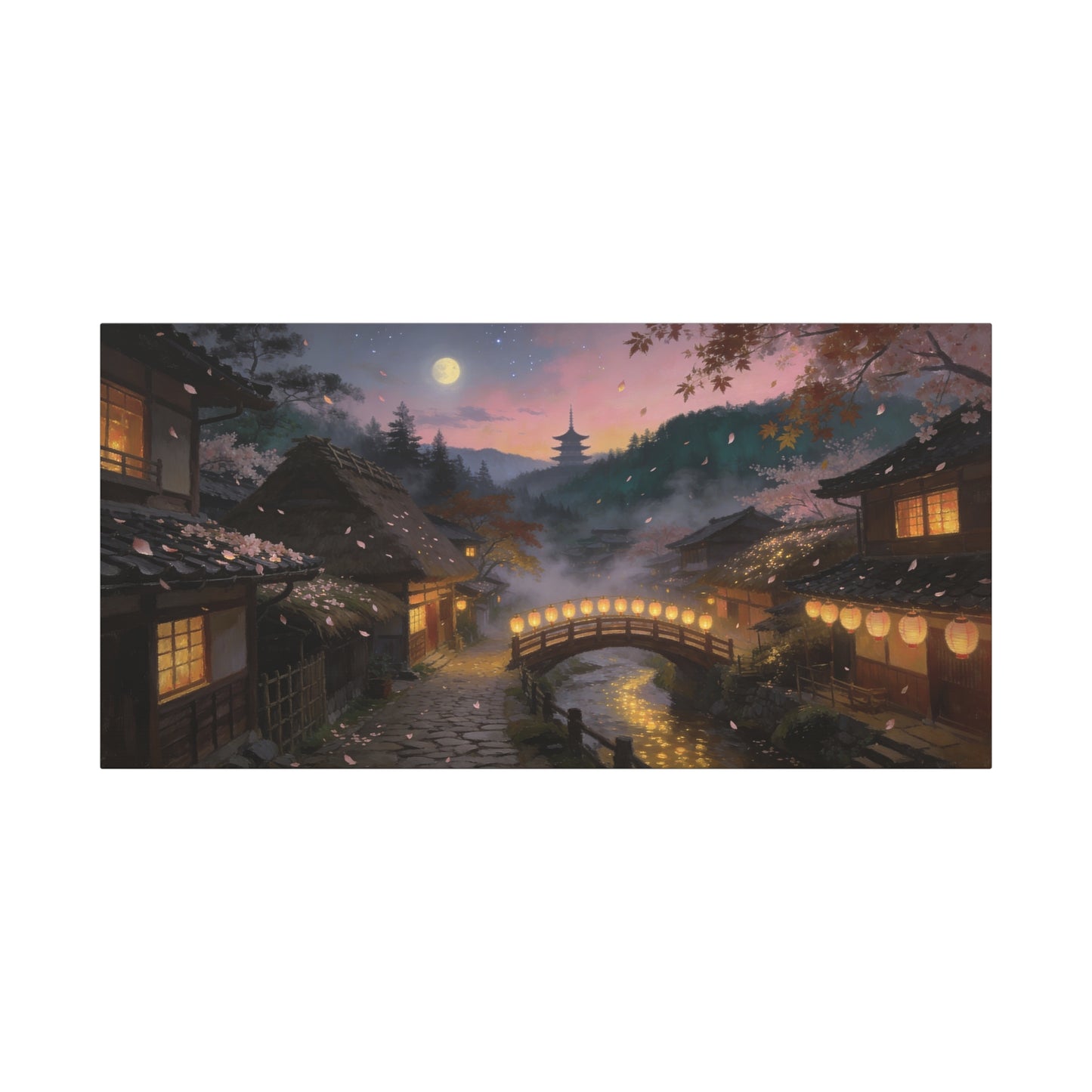 Japanese Village Moonlit Canvas Wall Art - Lantern Bridge, Cherry Blossom Petals, Pagoda Landscape - Matte Cotton Print - Traditional Style, Living Room Wall Decor, Bedroom Decoration - Ready to Hang