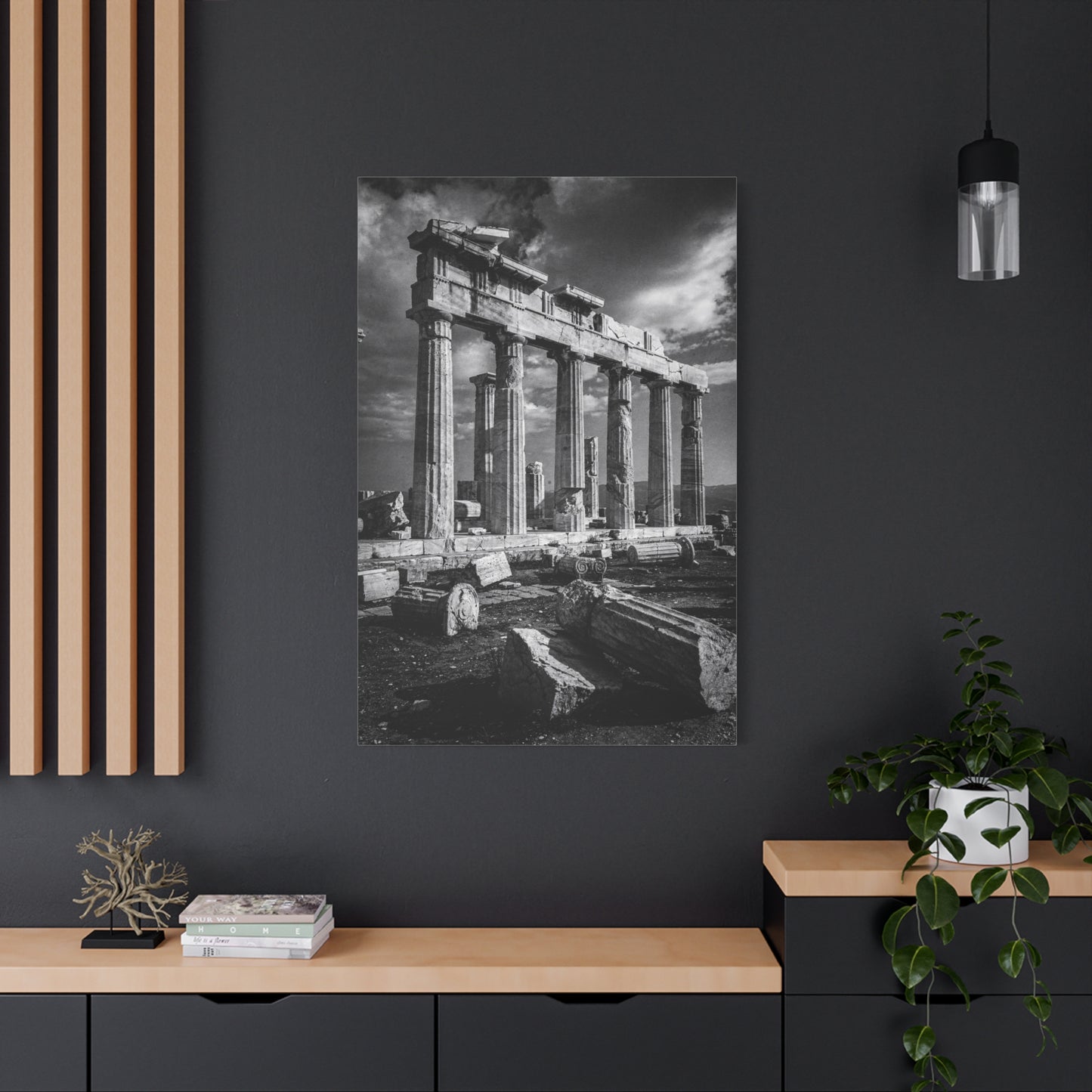 Ancient Greek Temple Ruins Canvas Wall Art - Black And White Architectural Art Print, Dramatic Sky, Vintage Classical Style - Living Room Wall Decor, Office Art Accent - Modern Farmhouse Style