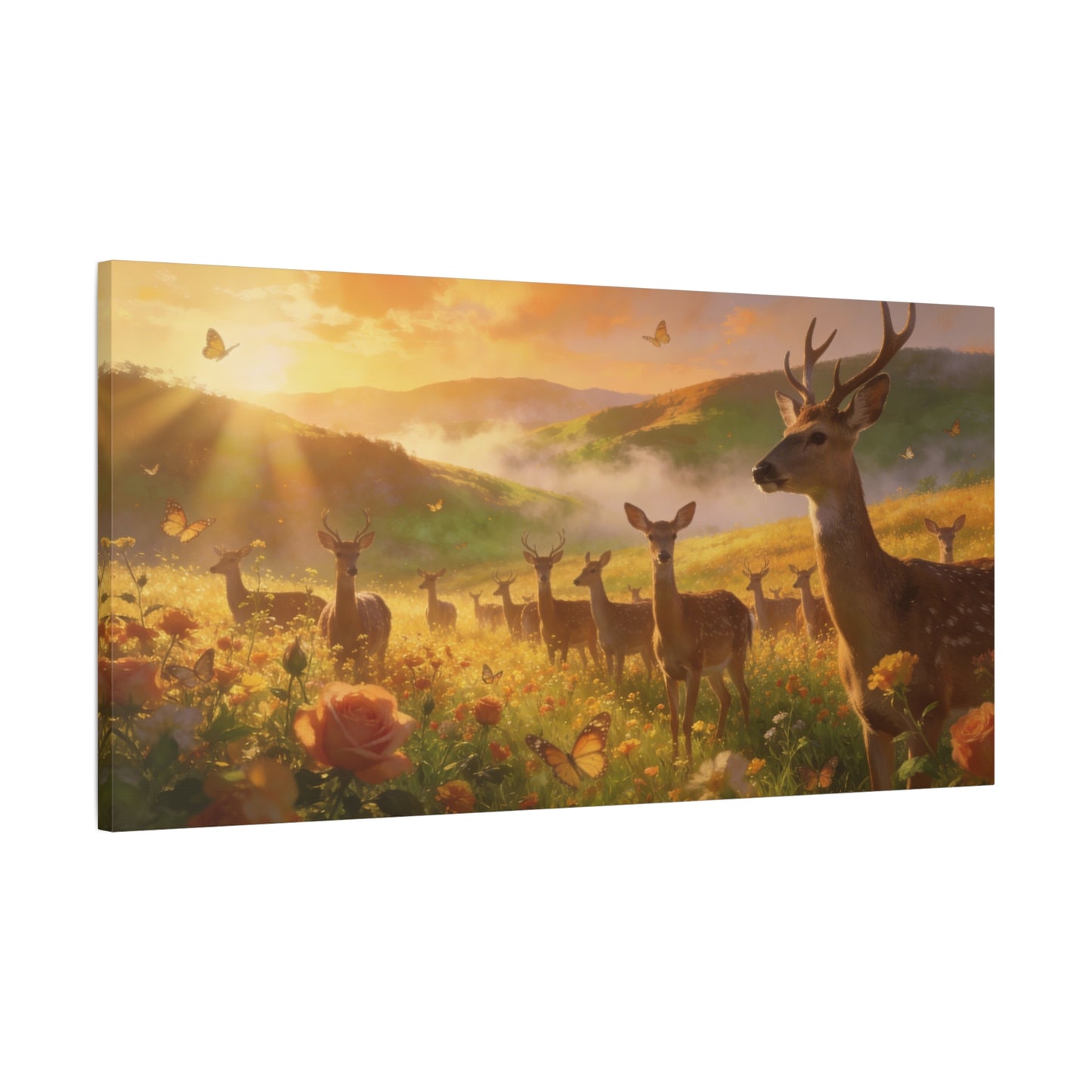 Deer Meadow Canvas Wall Art - Golden Sunrise Wildlife Landscape, Butterflies, Floral Field - Matte Finish Canvas Print - Rustic Nature Style, Living Room Wall Decor - Bedroom Home Decoration