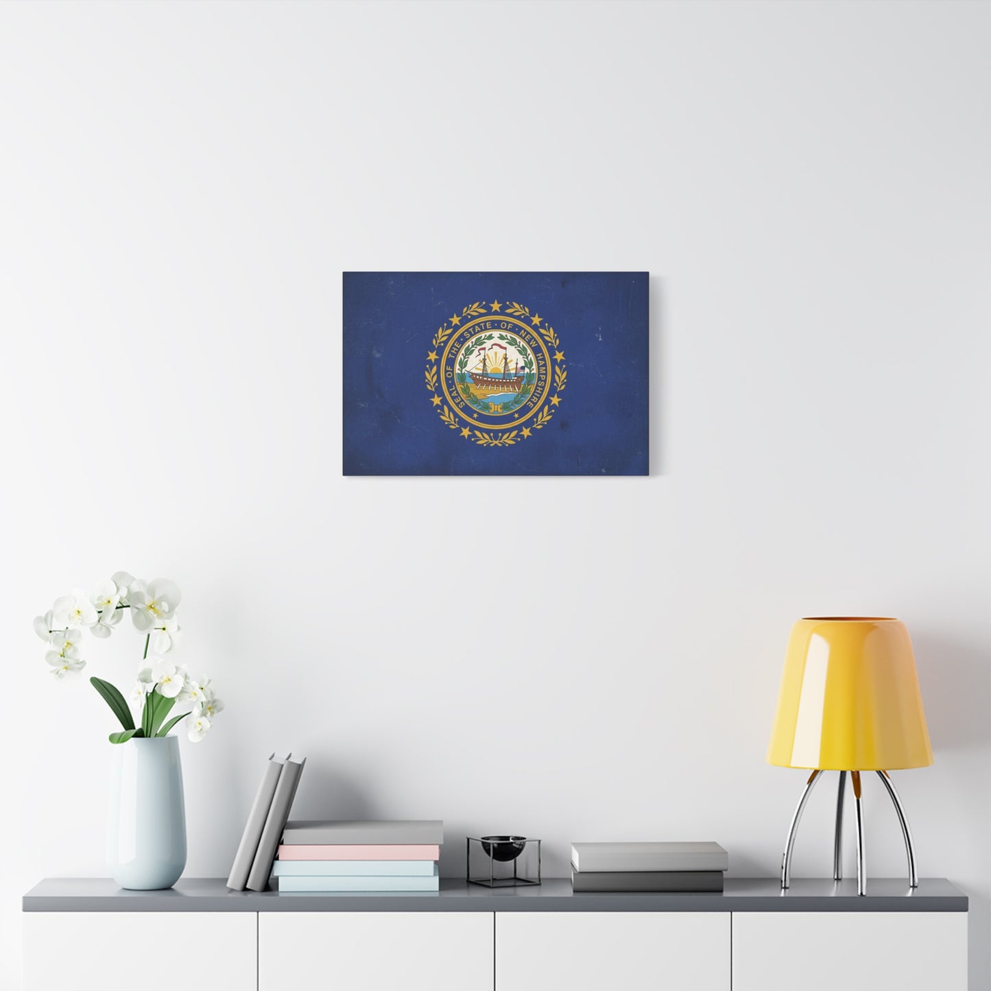 "Seal Of The State Of New Hampshire" Flag Canvas Wall Art - Vintage State Pride Decor, Blue Gold Emblem Print - Rustic Americana Style - Living Room Decoration - Office Wall Art - Ready to Hang