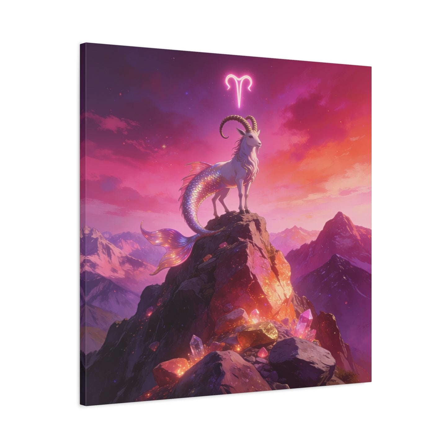 Aries Zodiac Mermaid Goat Canvas Wall Art - Fantasy Mountain Crystal Scene - Pink Purple Celestial Illustration - Modern Mystical Decor, Bedroom Home Decoration, Office Wall Art - Ready to Hang