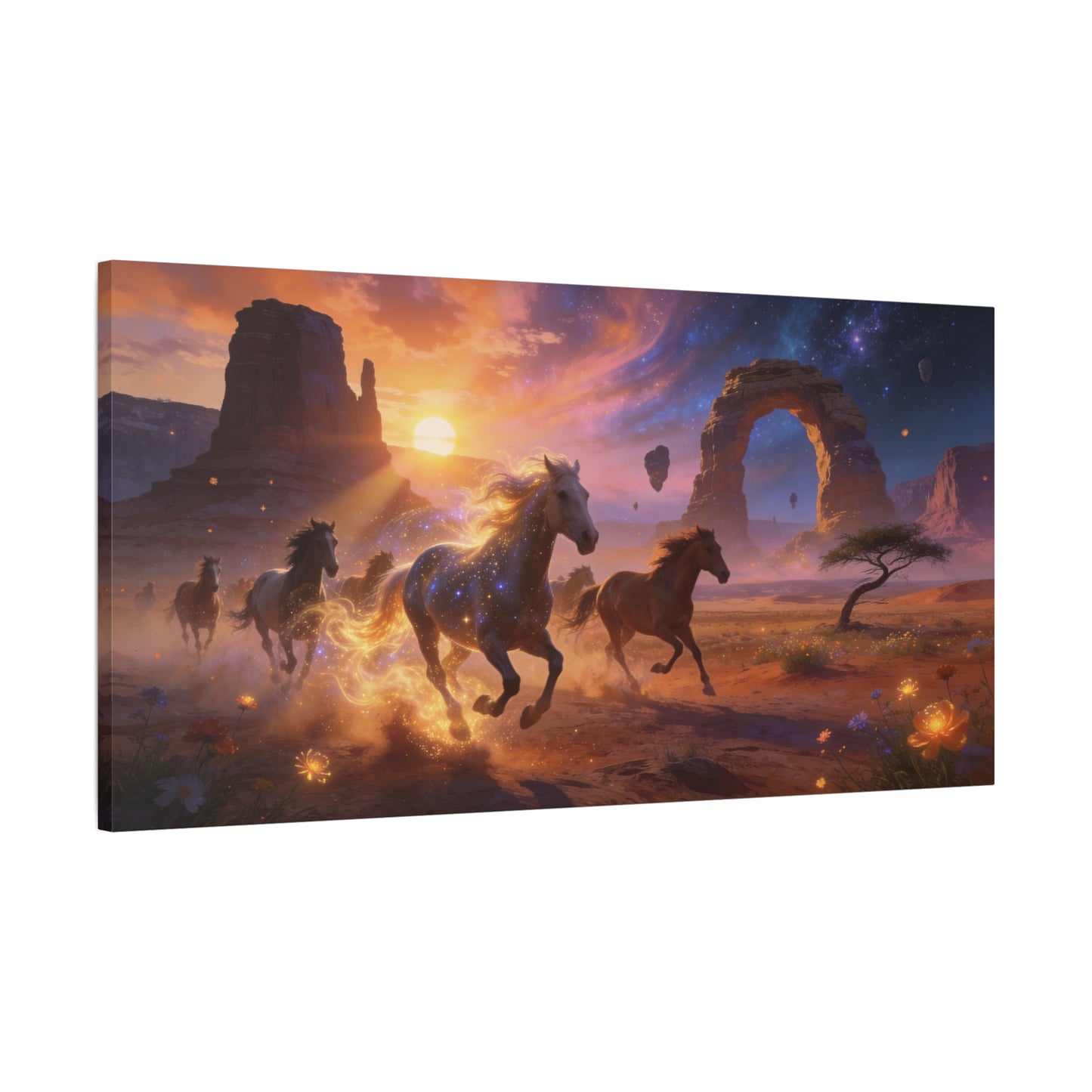 Celestial Wild Horses Canvas Wall Art - Fantasy Desert Arch Sunset, Glowing Galaxy Sky - Matte Cotton Print - Contemporary Landscape Style - Living Room Wall Decor - Bedroom Home Decoration