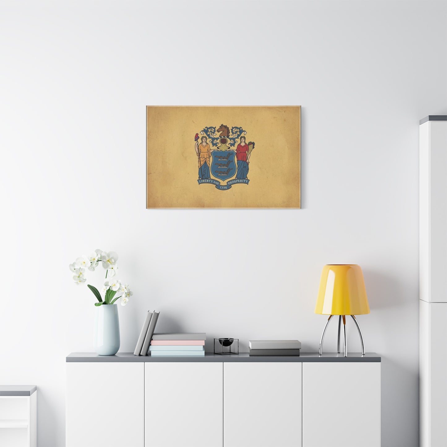"Liberty And Prosperity 1776" New Jersey State Flag Canvas Wall Art - Vintage Tan Crest Banner Print, Patriotic Heritage Decor - Office Wall Art