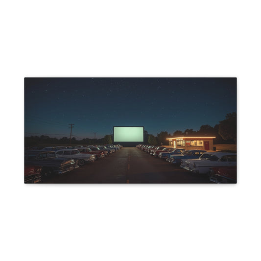Vintage Drive-In Theater Canvas Wall Art - Starry Night Cinema Parking Lot, Retro Americana Art Print - Moody Contemporary Style - Living Room Wall Decor, Office Art - Bedroom Home Decoration