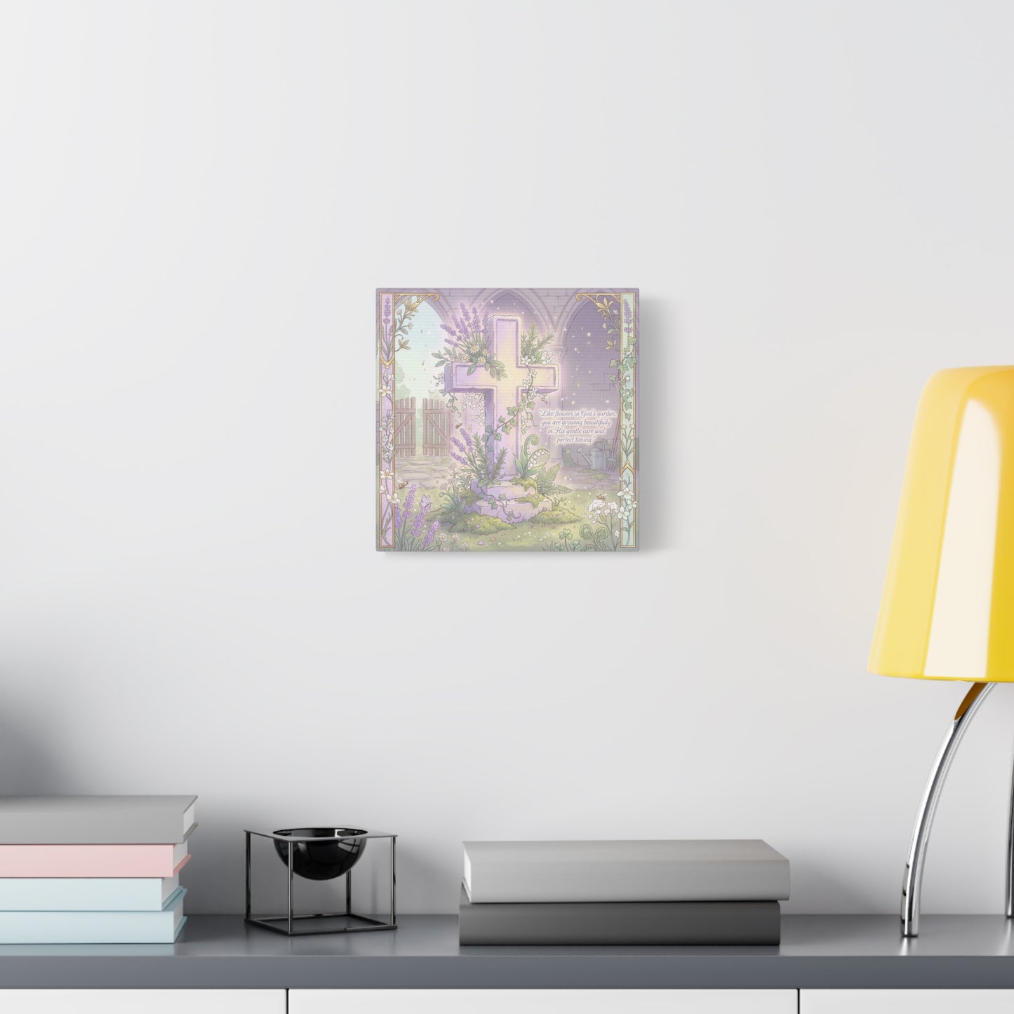 "Like Flowers In God's Garden, You Are Growing Beautifully" Christian Canvas Wall Art - Floral Cross Scripture Decor - Lavender Garden Illustration - Bedroom Home Decoration, Living Room Accent