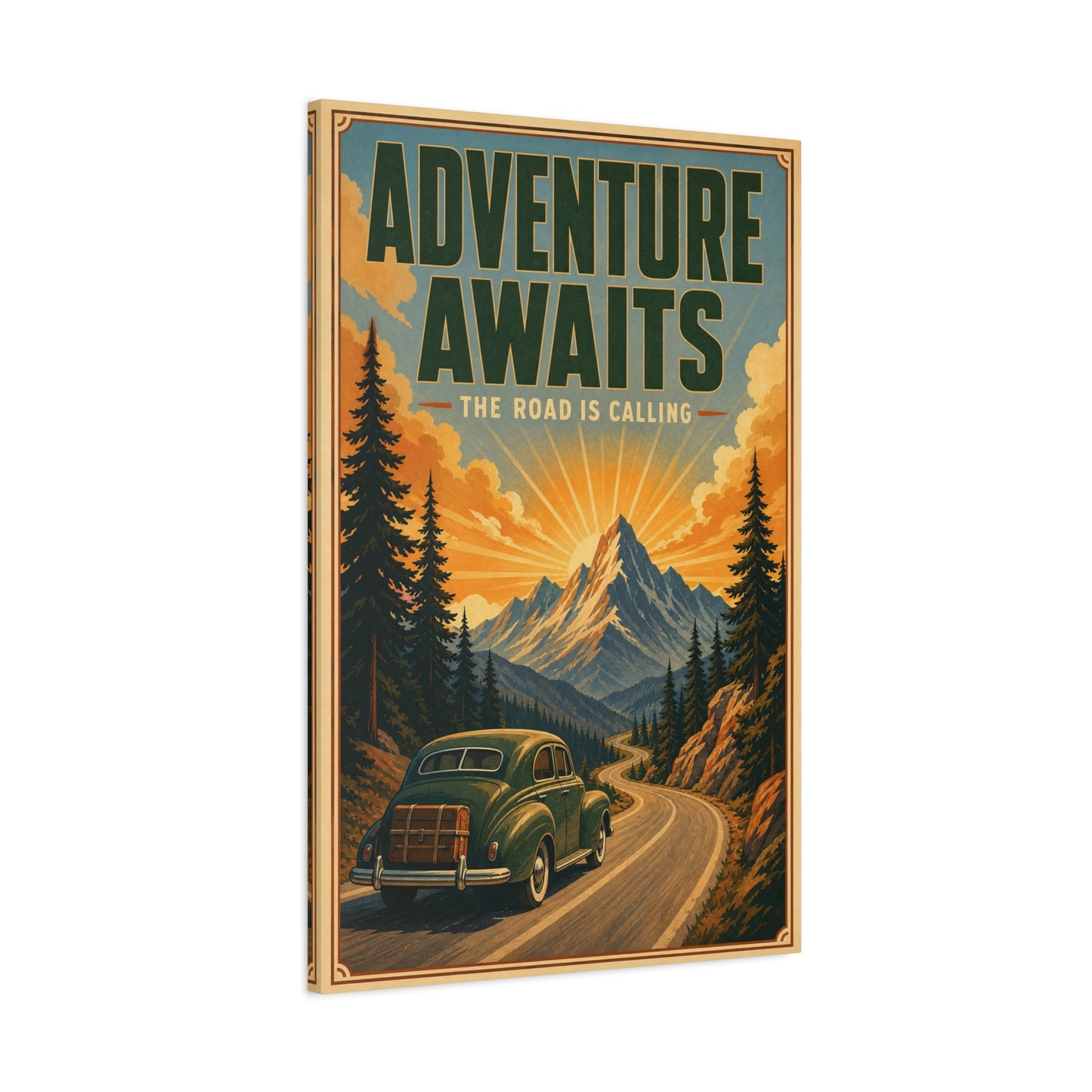 "Adventure Awaits The Road Is Calling" Vintage Travel Canvas Wall Art - Mountain Road Sunrise, Retro Car Poster Print - Adventure Decor, Living Room Wall Decor, Office Art - Bedroom Home Decoration