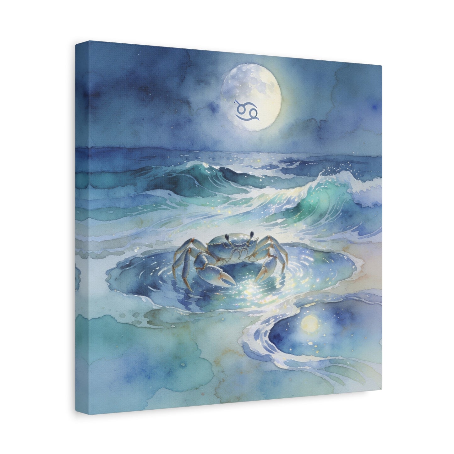 Cancer Zodiac Canvas Wall Art - Moonlit Ocean Crab Watercolor Print, Coastal Astrology Decor - Serene Blue Seascape - Bedroom Wall Decor, Meditation Space Accent, Bohemian Style - Ready to Hang