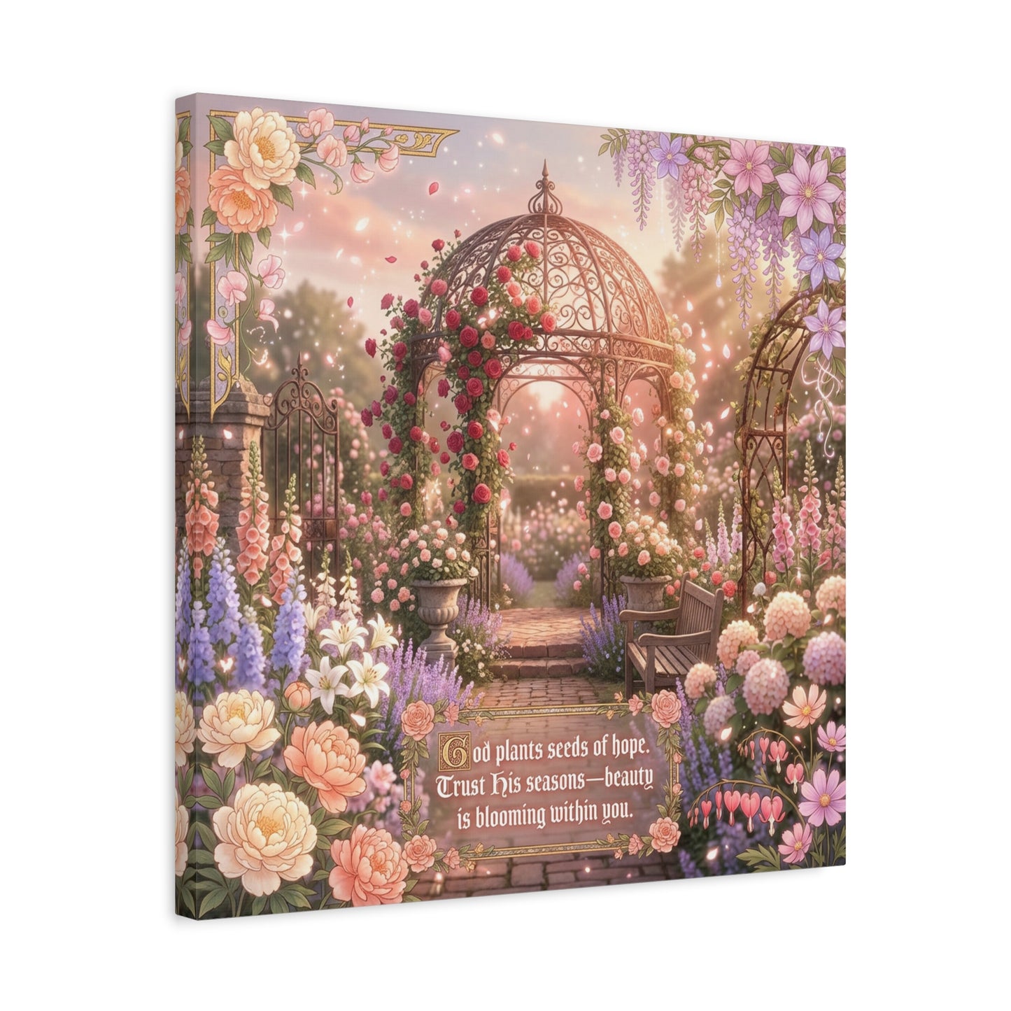 "God Plants Seeds Of Hope" Floral Garden Canvas Wall Art - Romantic Rose Gazebo Scripture Quote Print - Matte Botanical Cottagecore Decor - Bedroom Living Room Home Decoration - Living Room Wall Decor
