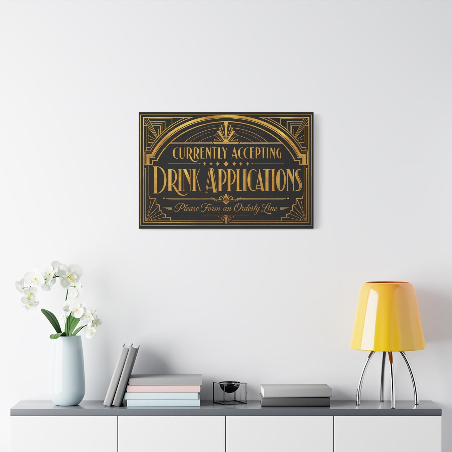 "Currently Accepting Drink Applications" Canvas Wall Art - Art Deco Typography Bar Sign, Black And Gold Humor Decor, Vintage Cocktail Lounge Style, Home Bar Accent - Ready to Hang - Tavern Wall Decor