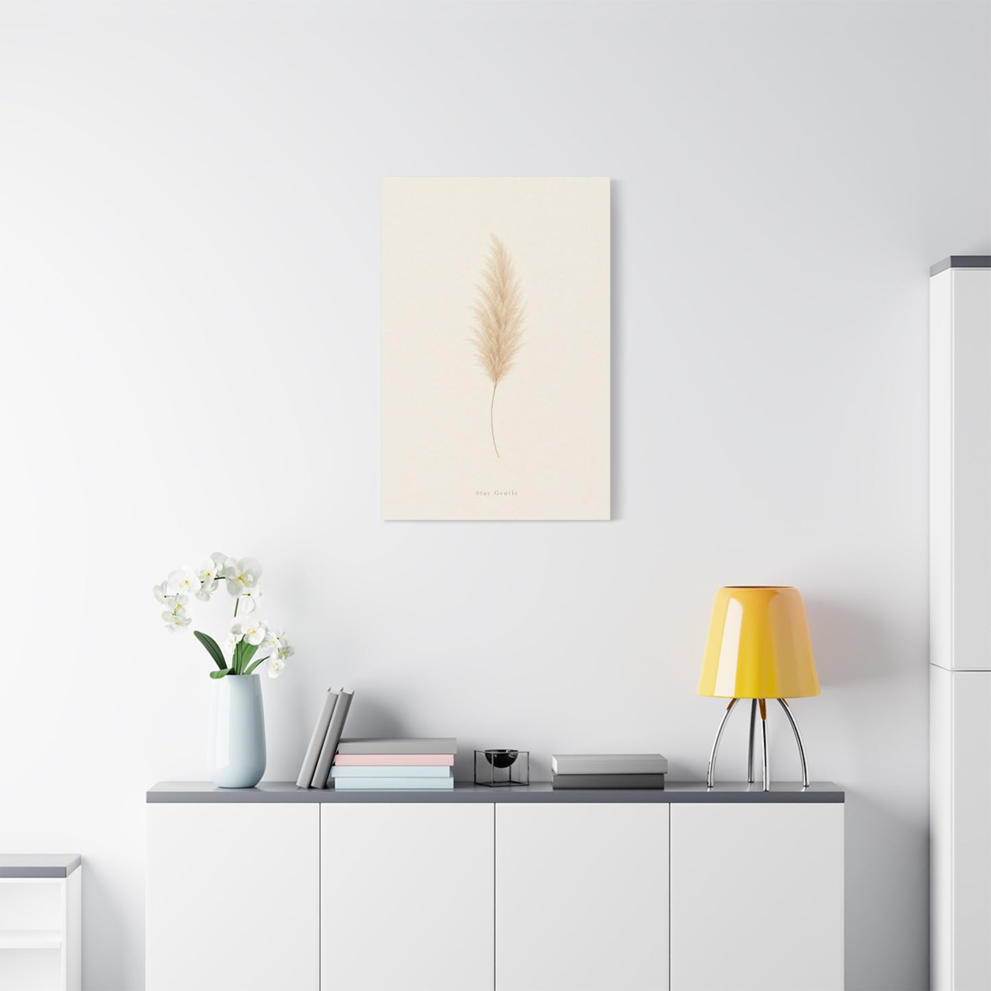 "Stay Gentle" Pampas Grass Canvas Wall Art - Minimalist Botanical Beige Neutral Print - Soft Contemporary Wall Decor - Bedroom Home Decoration, Living Room Accent, Meditation Space - Ready to Hang