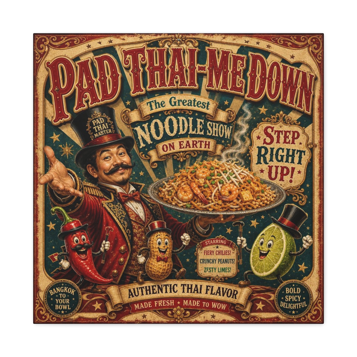 "Pad Thai-Me Down" Canvas Wall Art - Vintage Circus Noodle Poster, Typography Illustration, Whimsical Restaurant Decor, Cafe Wall Decor, Retro Kitchen Accent, Matte Canvas Print - Ready to Hang