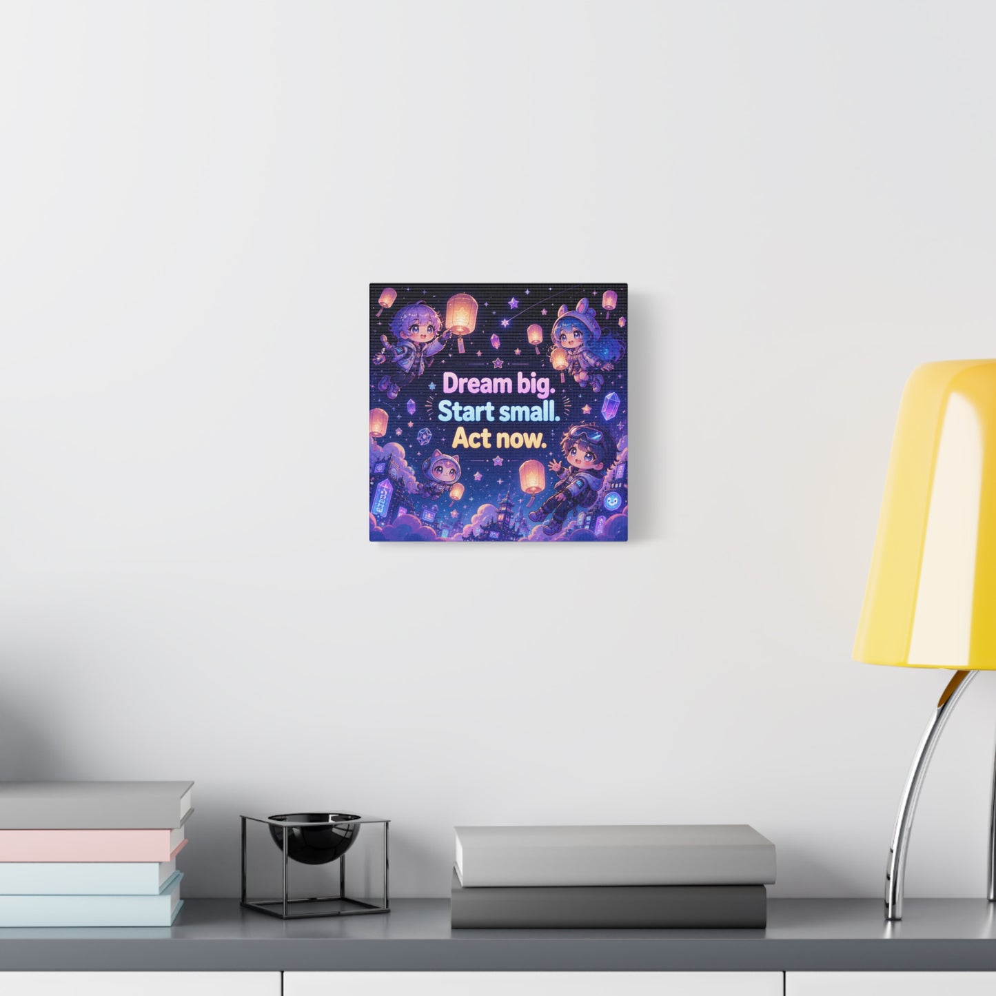 "Dream Big. Start Small. Act Now." Inspirational Canvas Wall Art - Kawaii Space Kids, Star Lantern Night Sky Quote Print - Neon Purple Blue Decor, Bedroom Home Decoration, Teen Room Accent