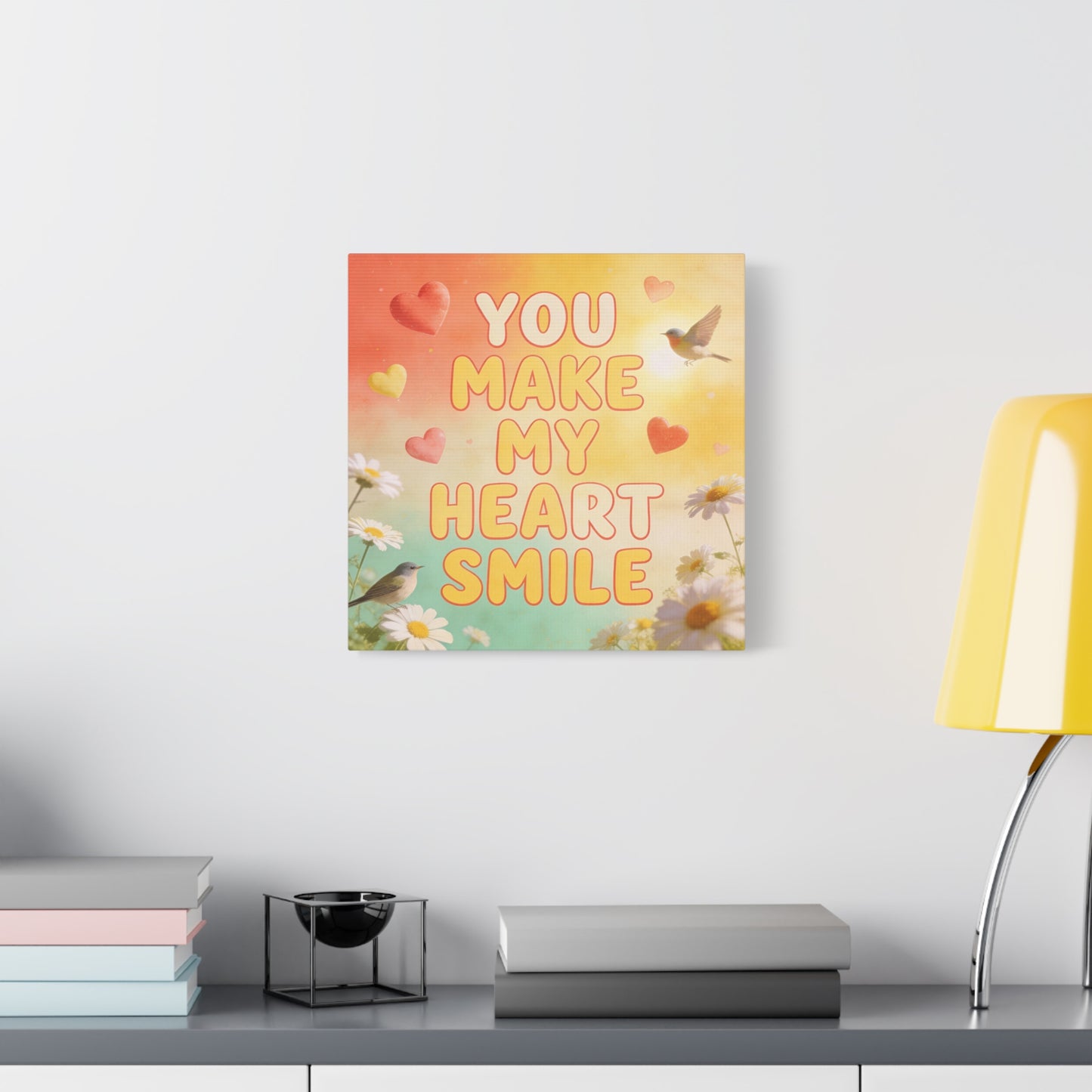 "You Make My Heart Smile" Inspirational Canvas Wall Art - Daisy And Songbird Quote Print, Pastel Typography Decor, Cheerful Bedroom Wall Hanging, Nursery Home Accent - Bedroom Home Decoration