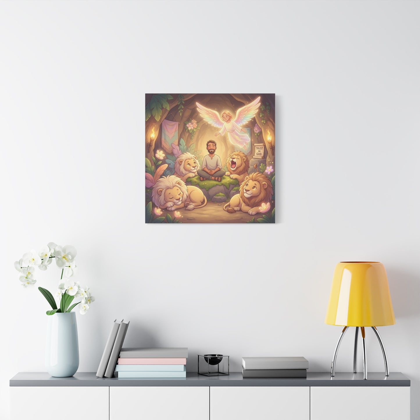 "Trust In God" Christian Canvas Wall Art - Angel, Man With Lions Cave Scene - Pastel Nursery Decor, Matte Cotton Print - Kids Bedroom Wall Decor, Playroom Home Decoration - Ready to Hang