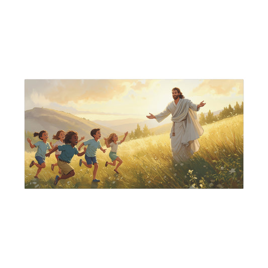 Jesus Christ With Children Canvas Wall Art - Golden Meadow Landscape, Christian Home Decor Print - Matte Cotton Canvas - Traditional Style For Living Room Bedroom Office - Living Room Wall Decor