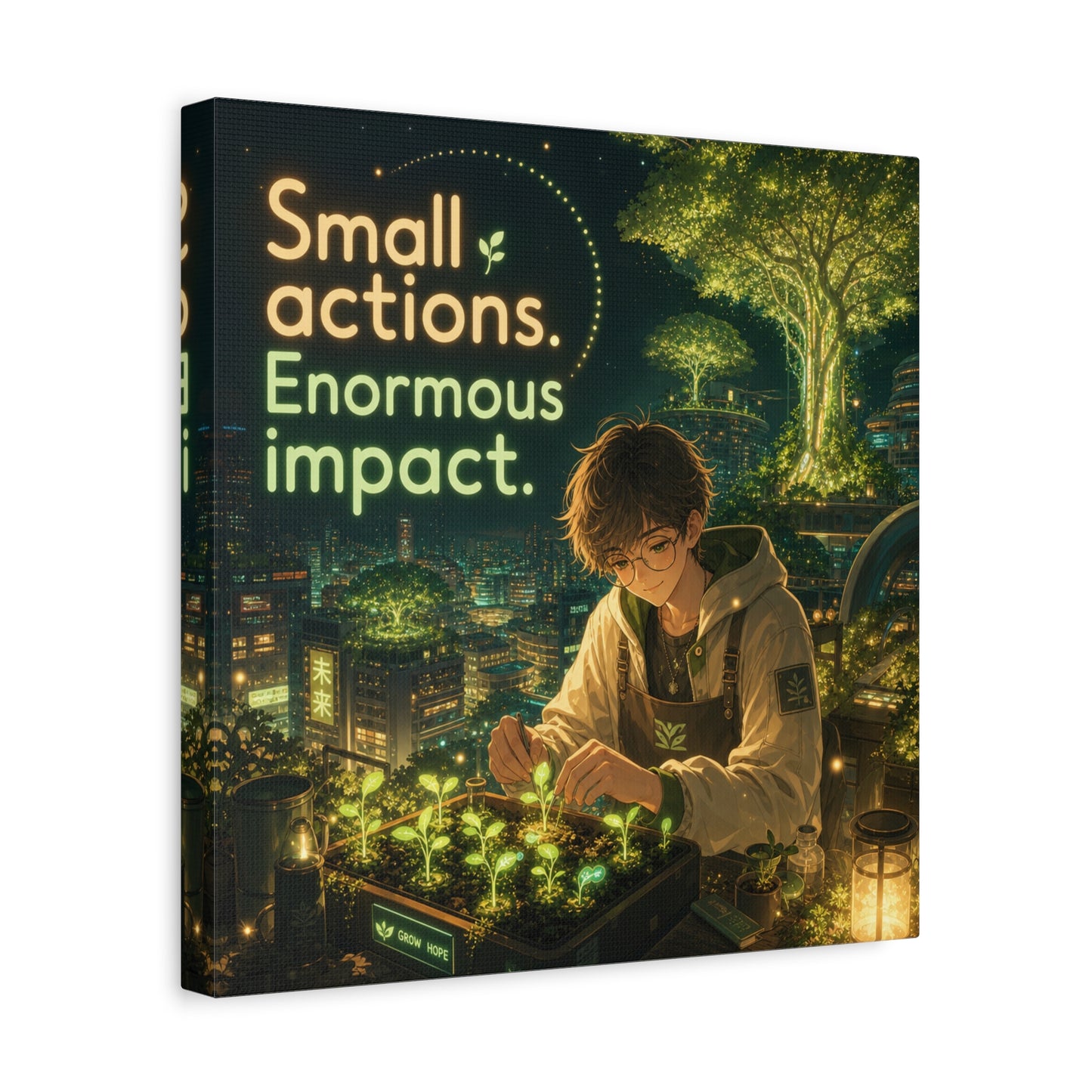 "Small Actions. Enormous Impact." Inspirational Canvas Wall Art - Anime Boy Gardening Cityscape - Glowing Green Night Illustration - Bedroom Home Decoration, Home Office Decor - Living Room Wall Decor