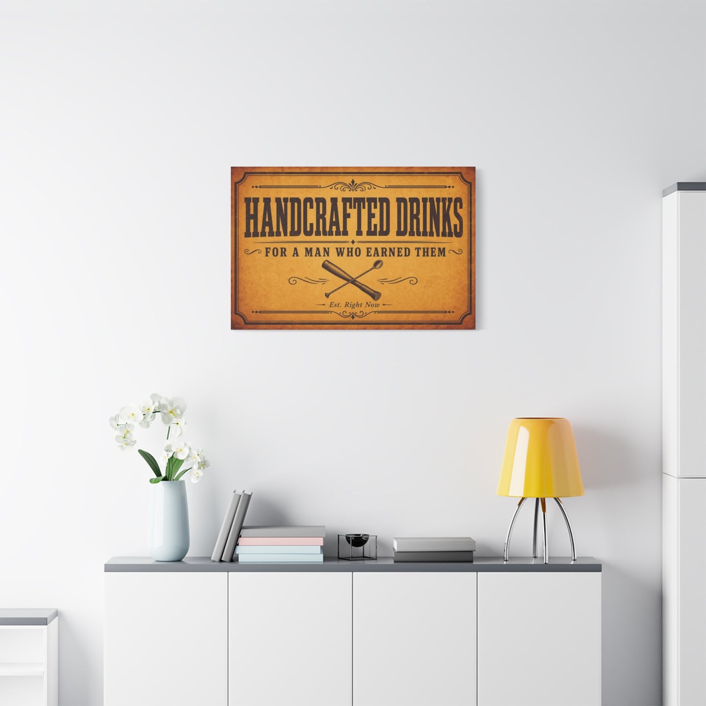 "Handcrafted Drinks For A Man Who Earned Them" Canvas Wall Art - Vintage Bar Sign, Rustic Typography Decor, Whiskey Lounge Wall Hanging - Ready to Hang - Ready to Hang - Cocktail Lounge Decor