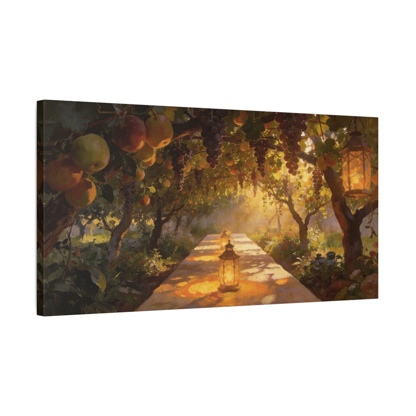 Fruit Orchard Canvas Wall Art - Lantern Lit Garden Path, Grape Vine And Apple Tree Painting - Matte Cotton Print, Rustic Traditional Style - Living Room Wall Decor, Bedroom Accent - Ready to Hang