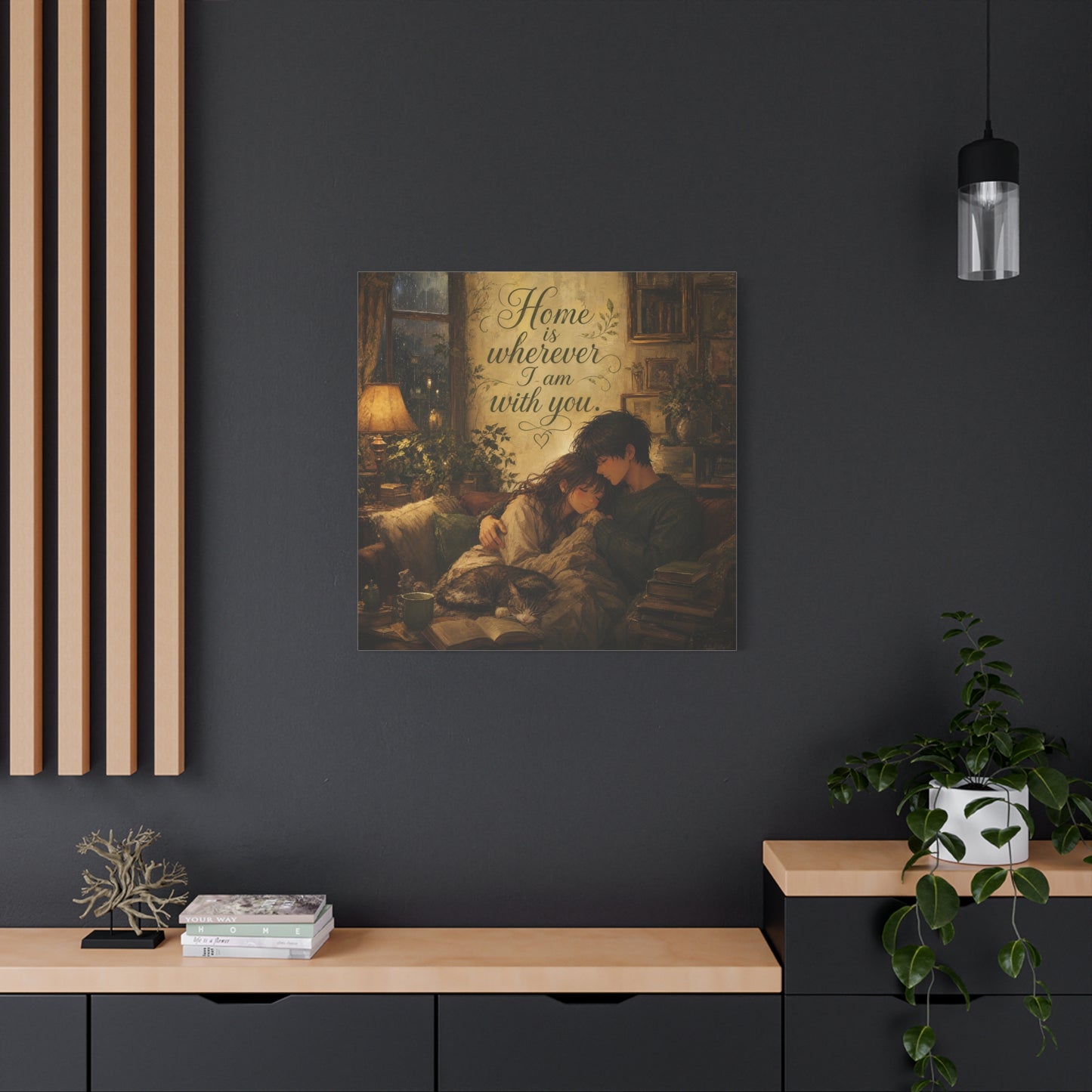 "Home Is Wherever I Am With You." Couple Canvas Wall Art - Romantic Cozy Reading Nook Quote Print - Vintage Warm Lamplight Style - Living Room Wall Decor, Bedroom Home Decoration - Ready to Hang