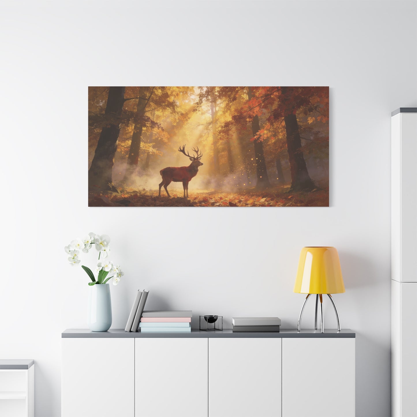 Stag Forest Canvas Wall Art - Golden Sunbeams, Misty Autumn Woodland - Matte Canvas Print - Rustic Nature Style - Living Room Wall Decor, Bedroom Home Decoration, Office Art - Bedroom Home Decoration