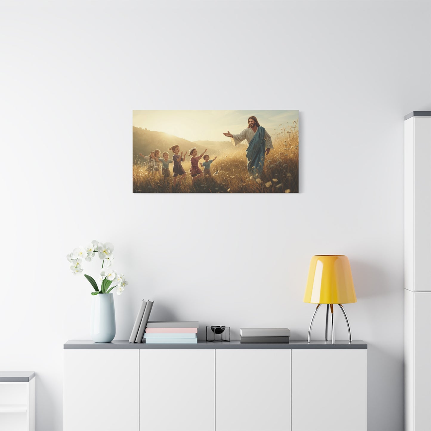 Jesus Christ With Children Canvas Wall Art - Golden Meadow Christian Print - Matte Cotton Ready to Hang - Traditional Religious Decor for Living Room, Bedroom, Nursery, Office - Living Room Wall Decor