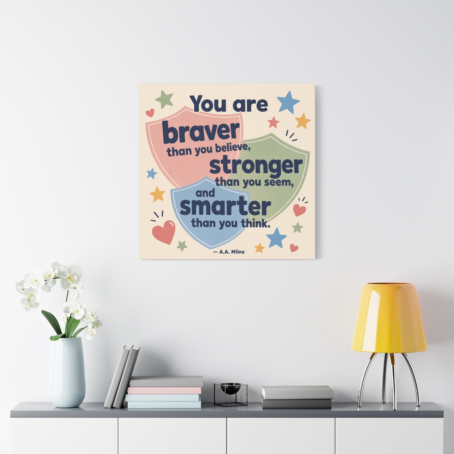 "You Are Braver, Stronger, Smarter" Quote Canvas Wall Art - Kids Inspirational Typography Print, Pastel Shield Stars Hearts Design - Nursery Bedroom Classroom Decor - Office Wall Art - Ready to Hang