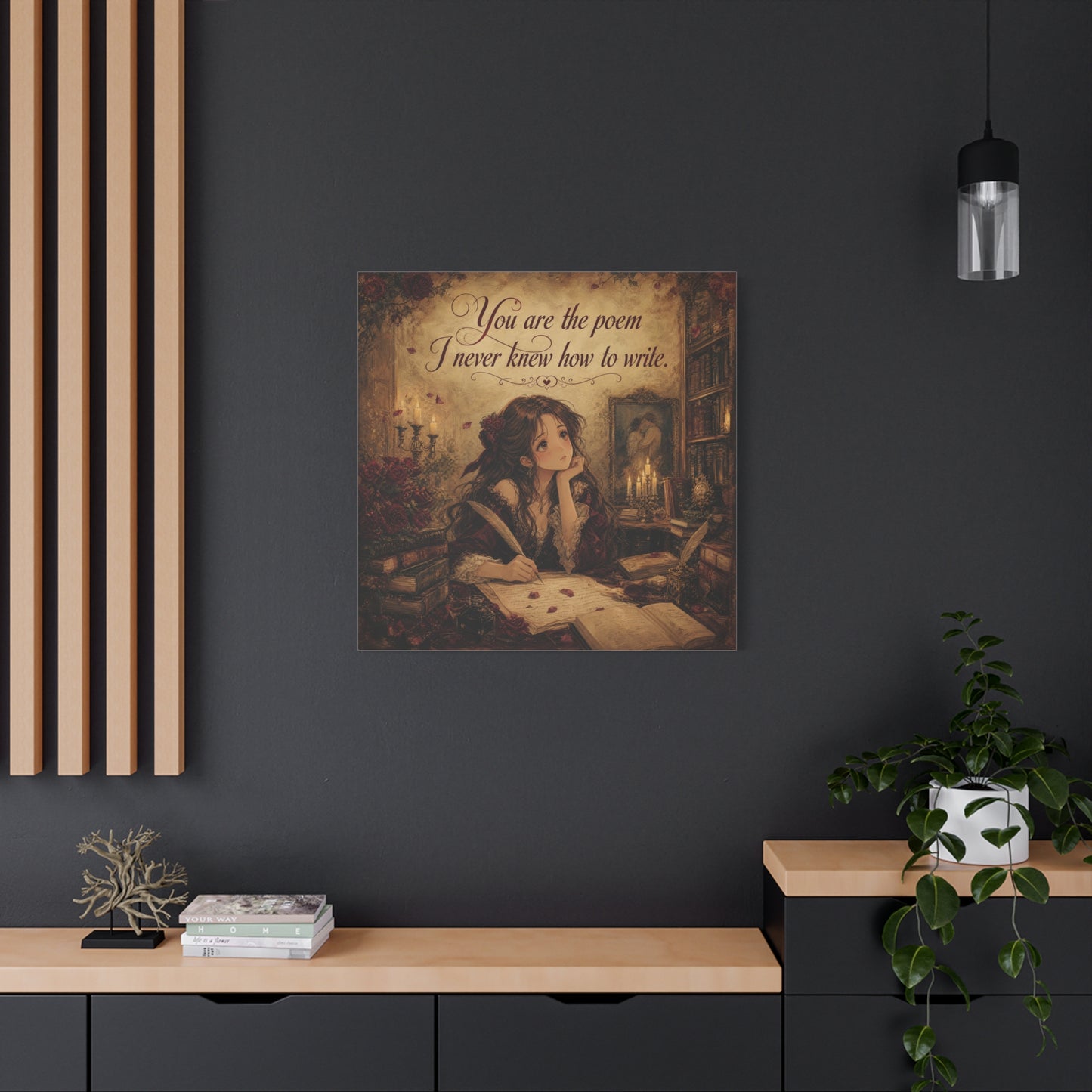 "You Are The Poem I Never Knew How To Write" Quote Canvas Wall Art - Romantic Gothic Library Girl Illustration - Vintage Brown Decor - Bedroom Wall Hanging, Teenager Room Decor - Ready to Hang