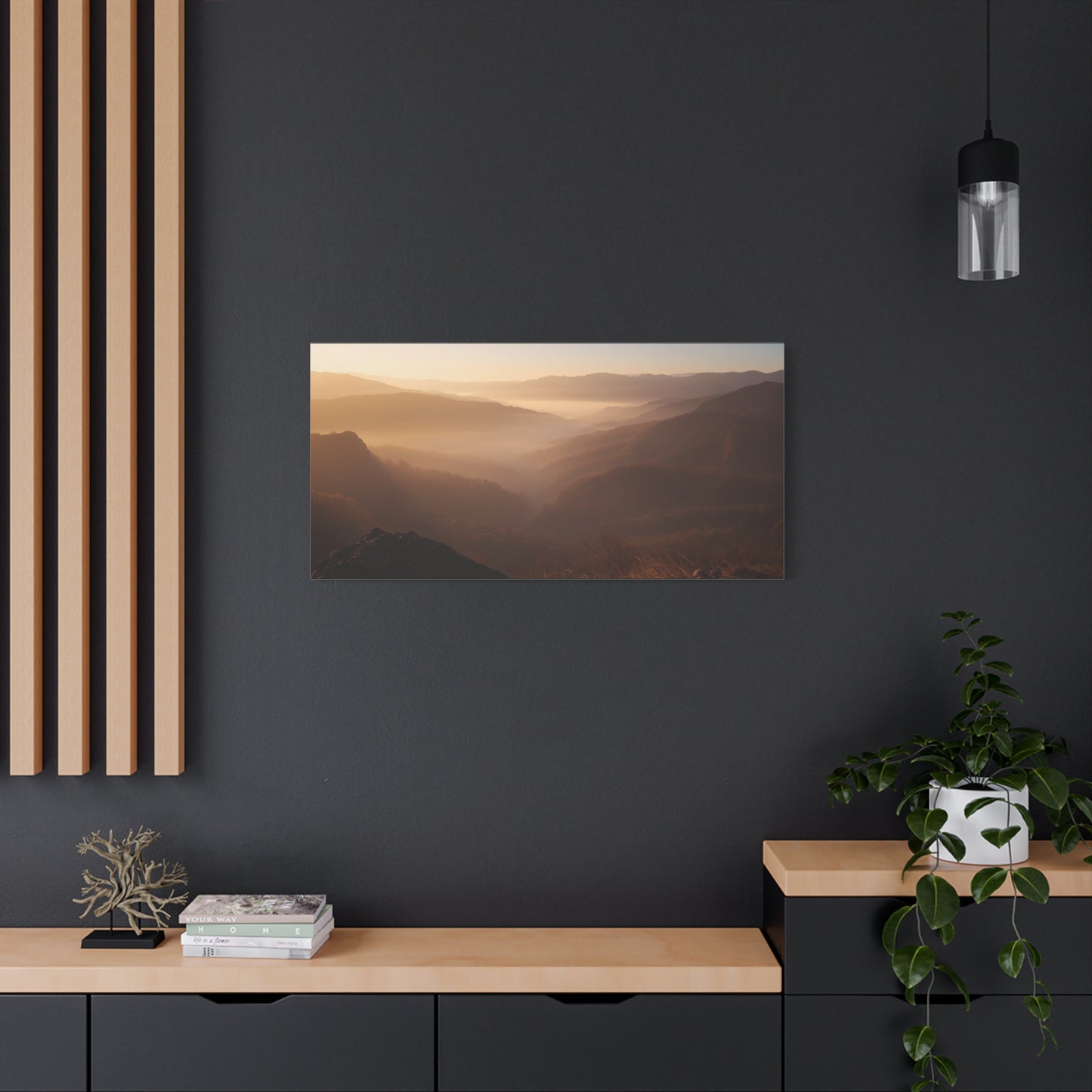 Golden Mist Mountain Valley Canvas Wall Art - Serene Landscape Art Print, Warm Dawn Light - Minimalist Nature Decor - Living Room Wall Decor, Bedroom Home Decoration - Bedroom Home Decoration