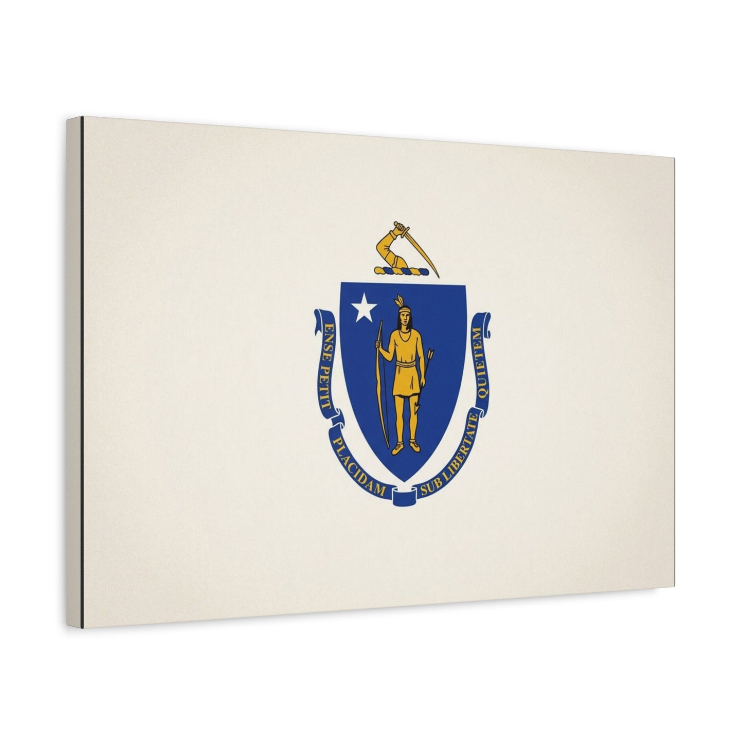 Massachusetts State Flag Canvas Wall Art - Ense Petit Placidam Sub Libertate Quietem - Blue Shield Native American Crest - Minimalist Patriotic Decor - Living Room Wall Decor - Bedroom Home Decoration